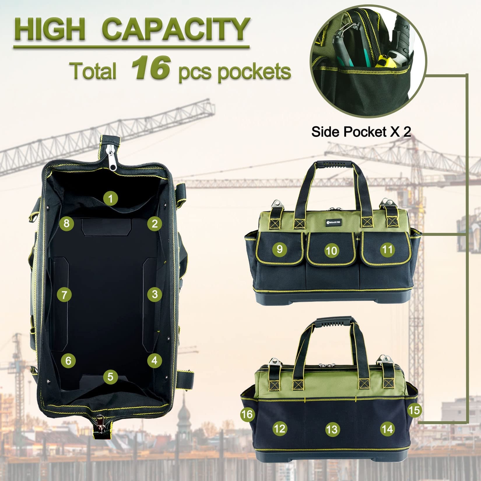 17in Tool Bag For Men Heavy Duty With Waterproof Molded Base High Capacity Wide