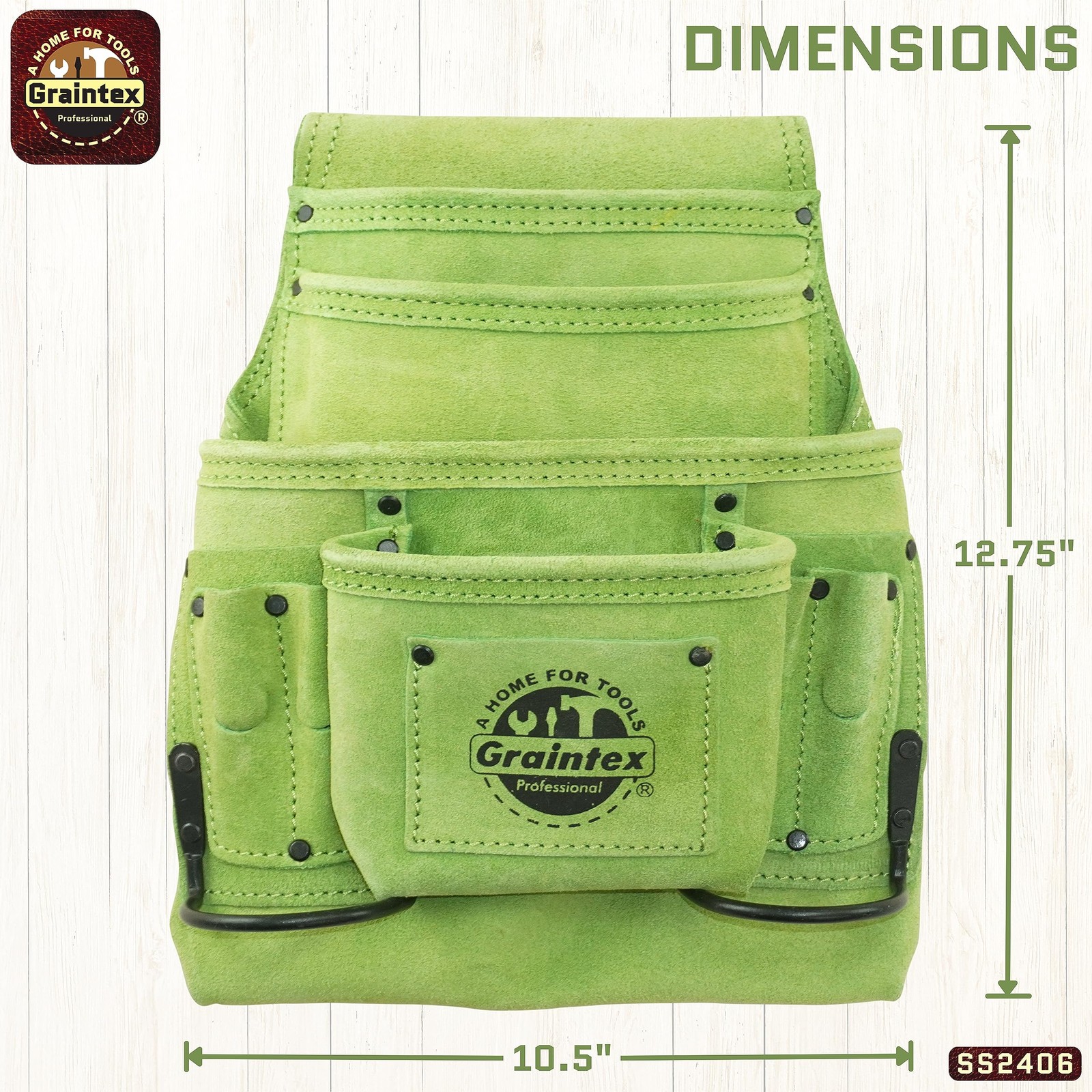 10 Pocket Nail & Tool Pouch, Lime Green Color Suede Leather Tool Bag, Tool Be…