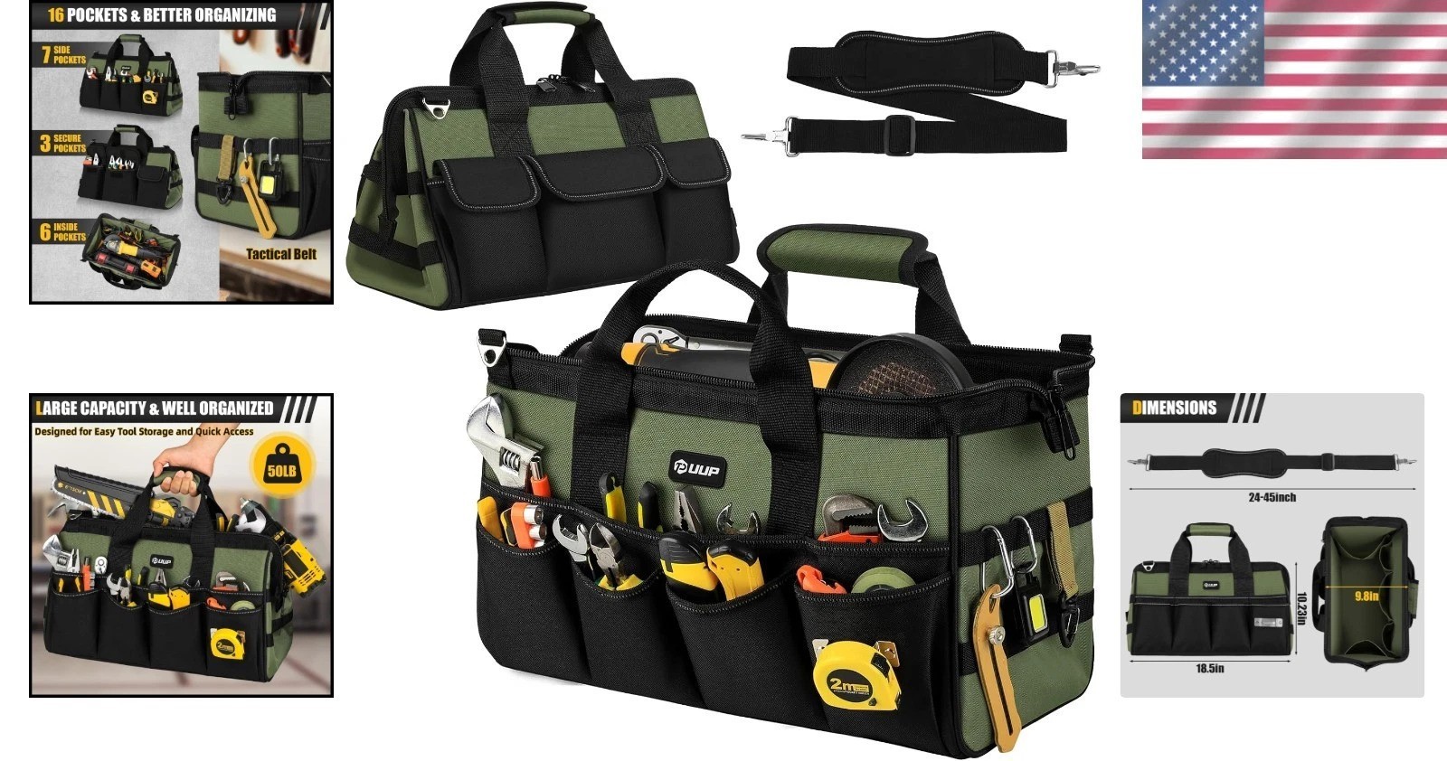 18-Inch Heavy-Duty Tool Bag Organizer with 16 Pockets & Water-Resistant Nylon