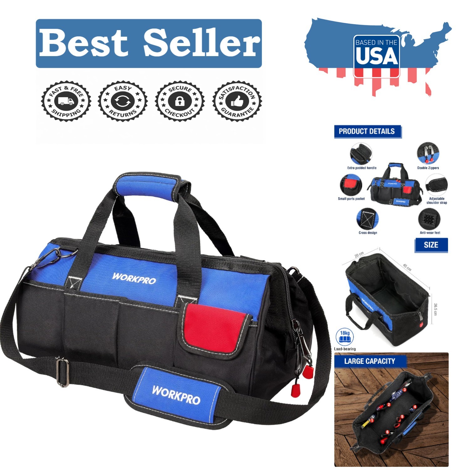 Versatile 18-Inch Tool Bag with Comfortable Shoulder Strap & Internal Loops