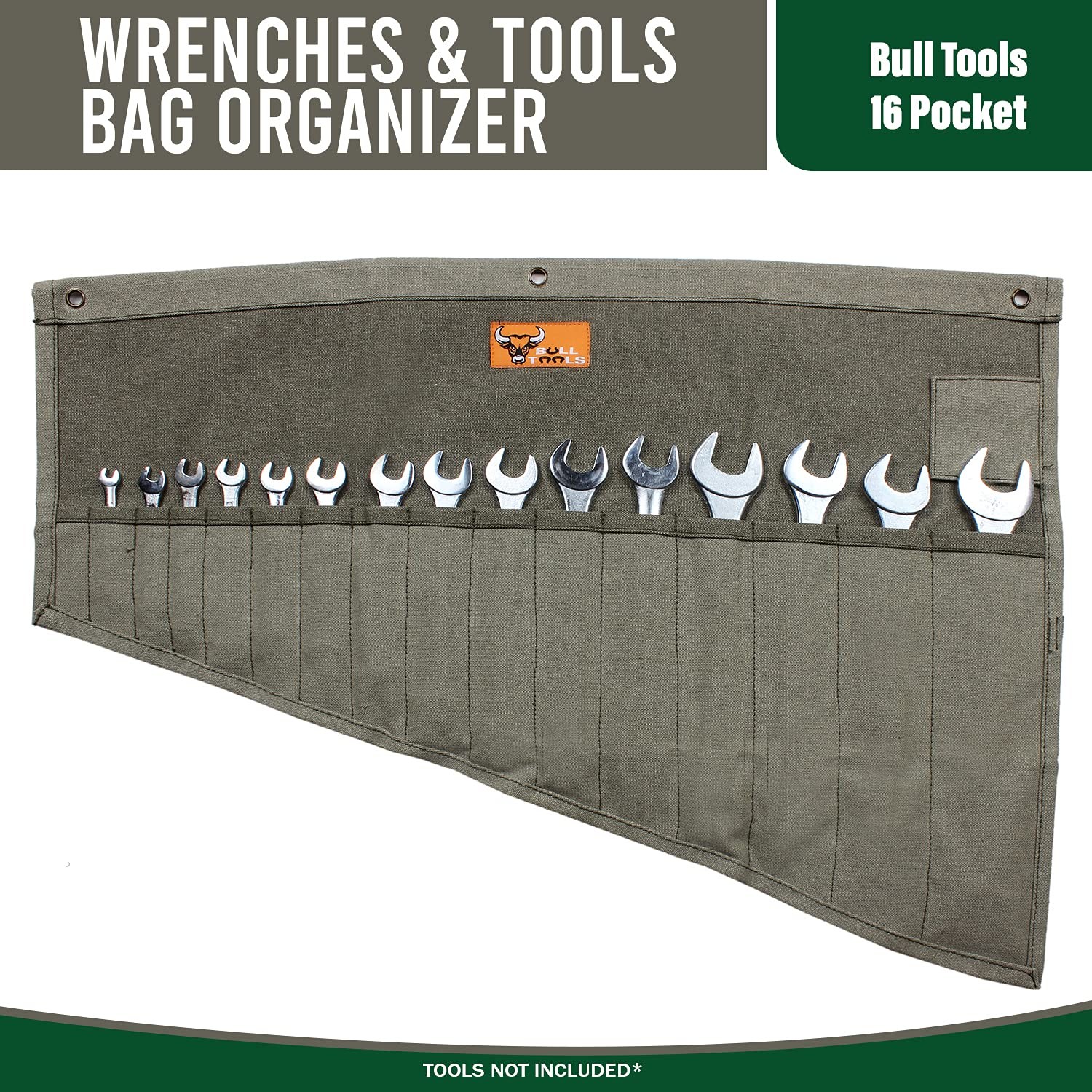 BULL TOOLS Portable Wrench Organizer Roll Large (16 – PKT), Washed Olive Drab