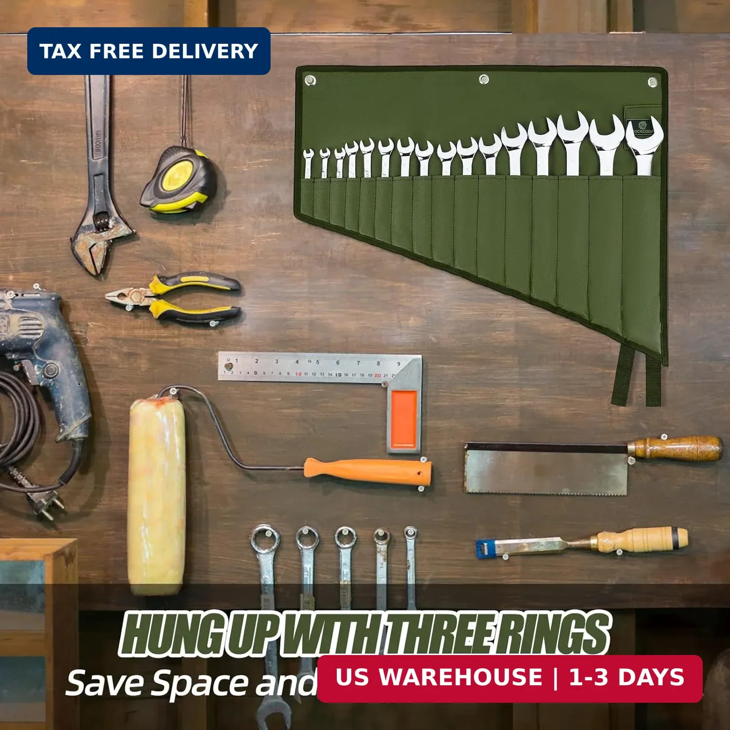 ROCKCOON 16-Pocket Wrench Roll Organizer – Waterproof Oxford Tool Bag