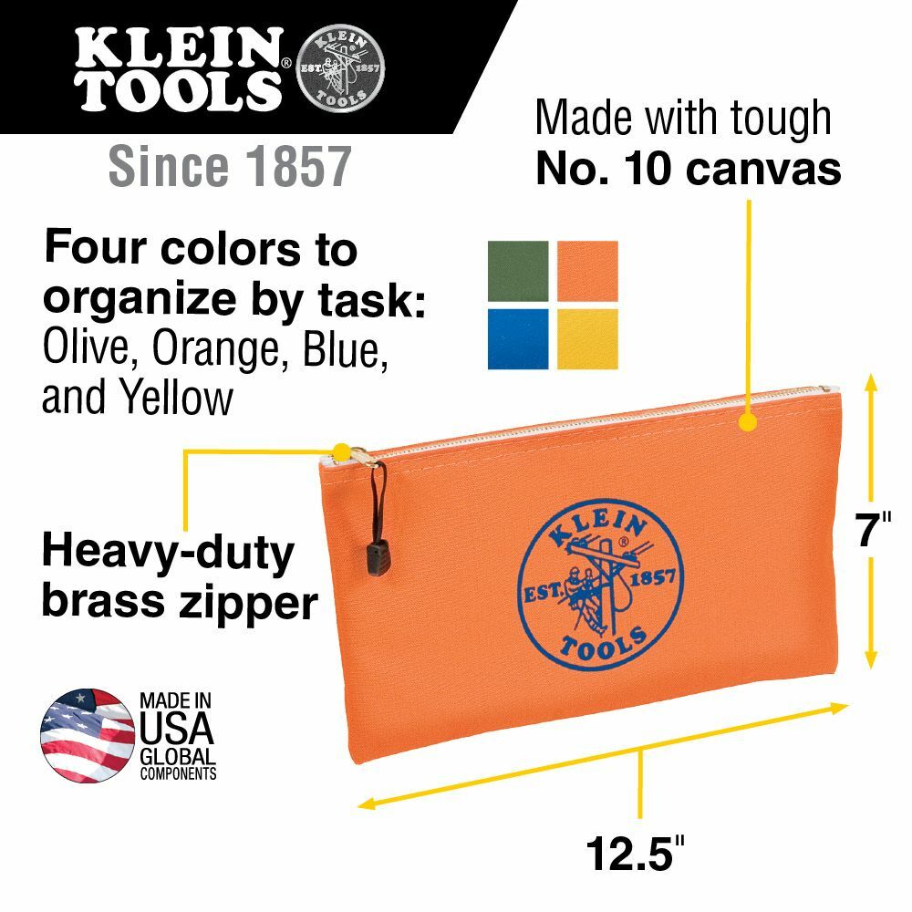Klein 5140 Zipper Bags, Canvas Tool Pouches Olive/Orange/Blue/Yellow, 4-Pack