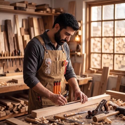 Waxed Canvas Woodworking Apron for Men, Heavy Duty Shop Apron with 9 Tool