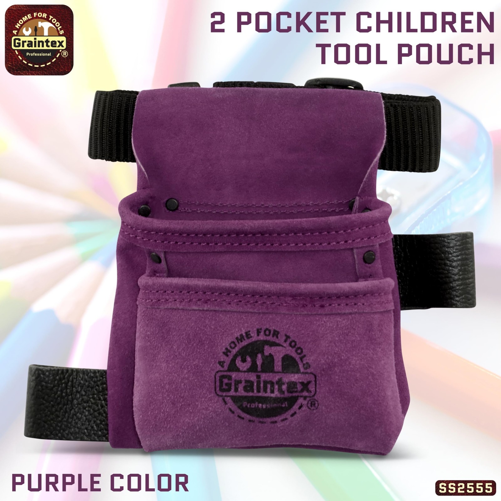SS2555 2 Pocket Children Tool Pouch Purple Color Suede Leather with Belt
