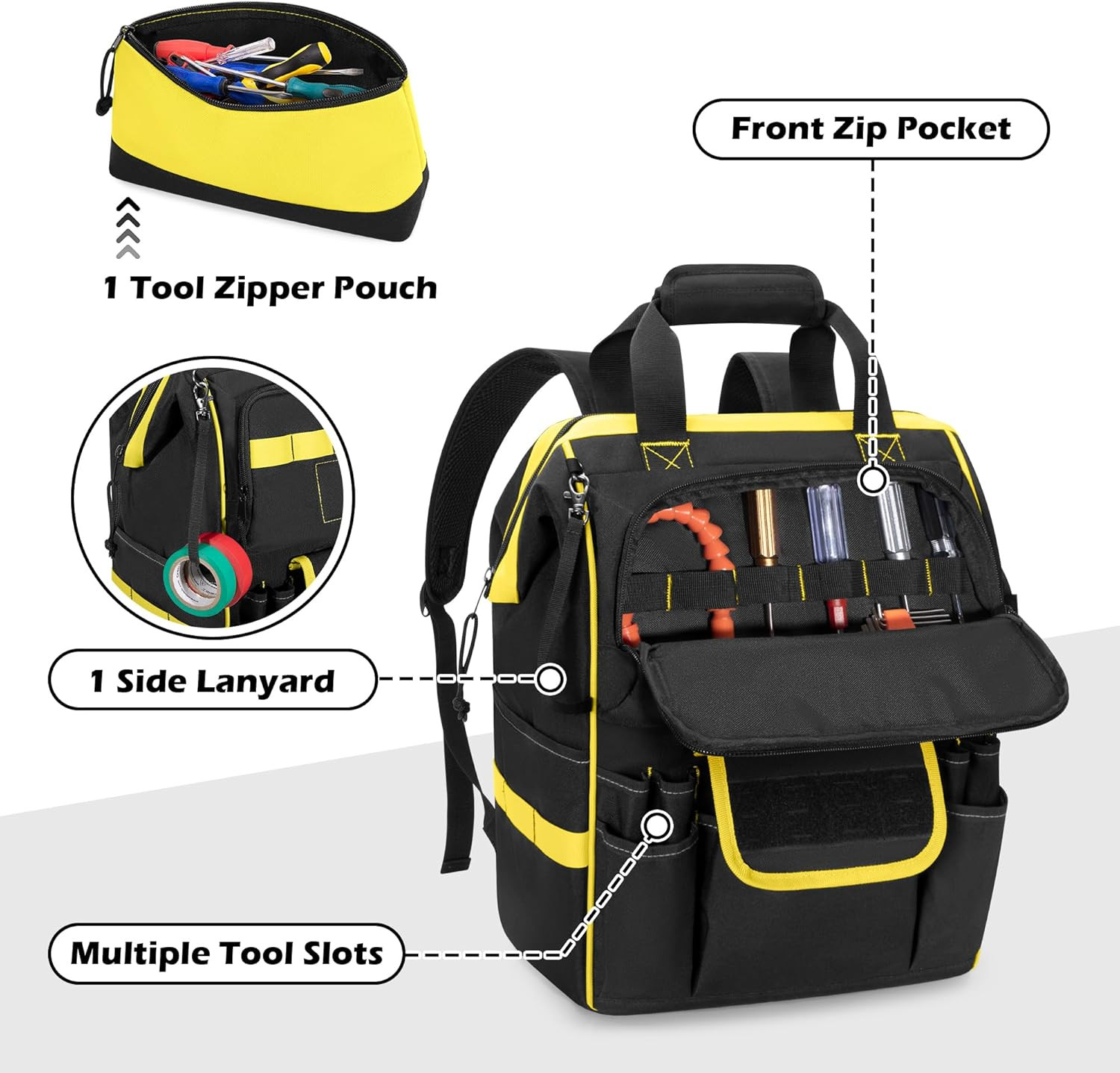 Durable Tool Bag Backpack with Magnetic Pouch for Electricians & Techs