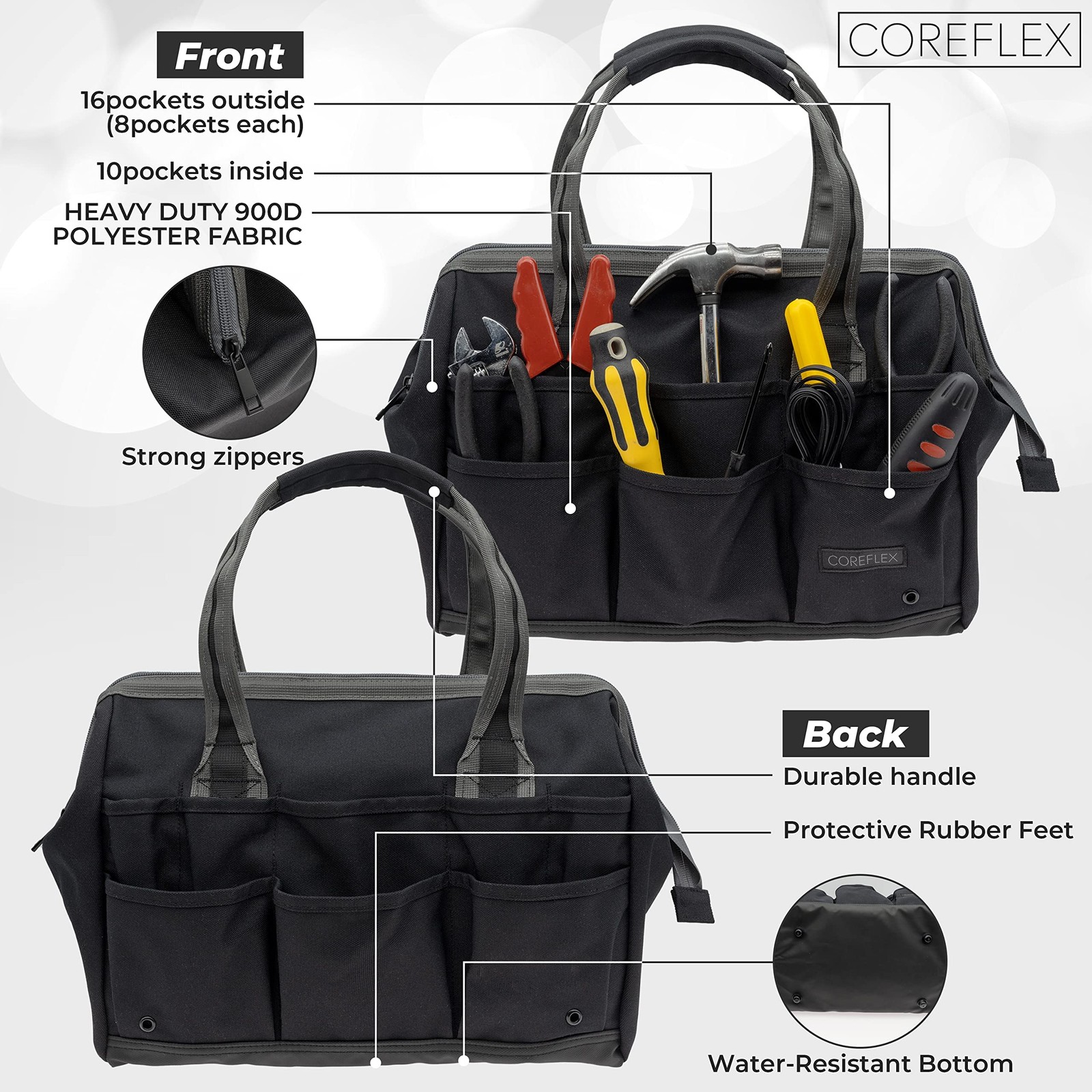 14 Inch WideMouth Tool Bag Gear Organizer Portable Black MultiPurpose
