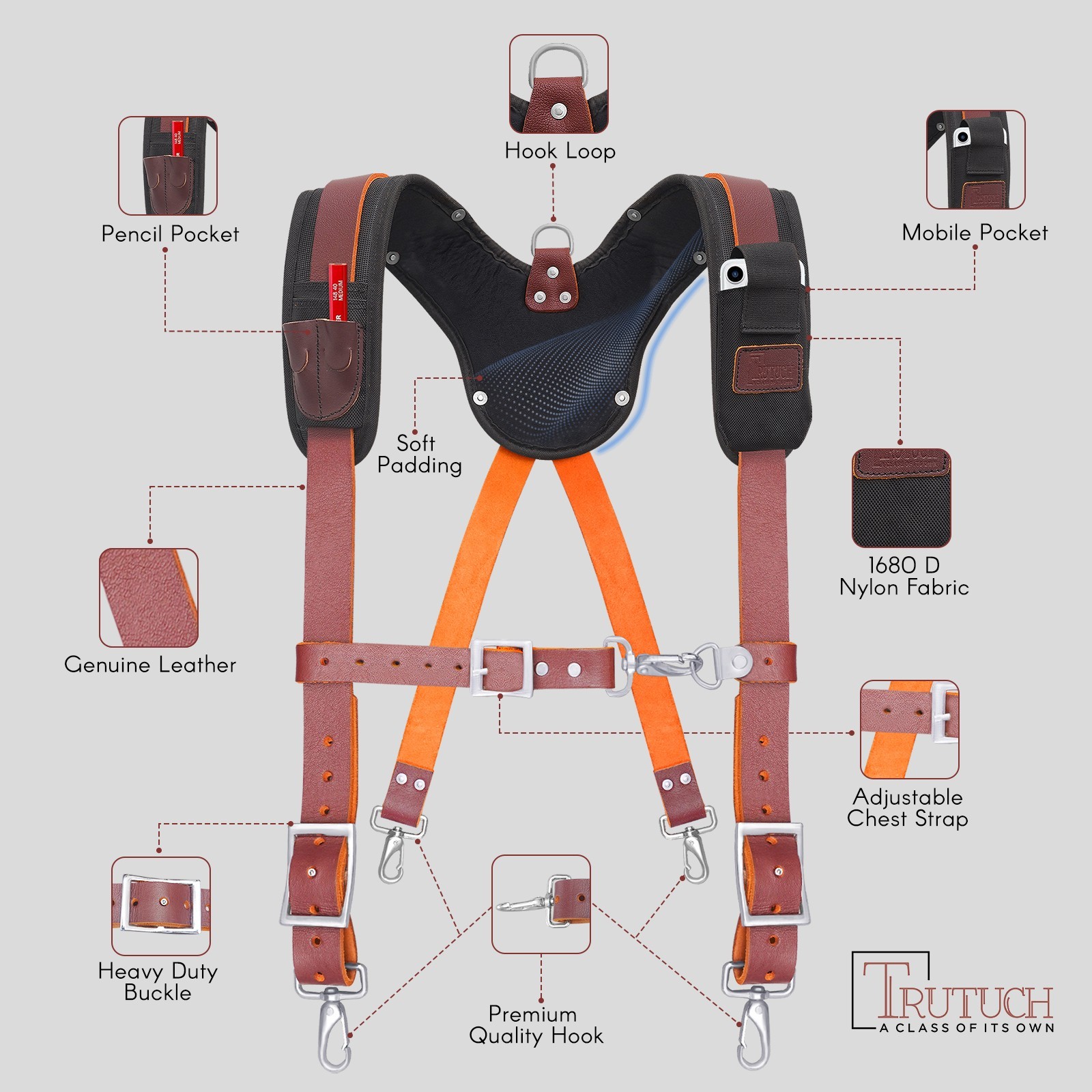 TRUTUCH Nylon and Leather Tool Belt with Leather Work Suspender | Tool Belts
