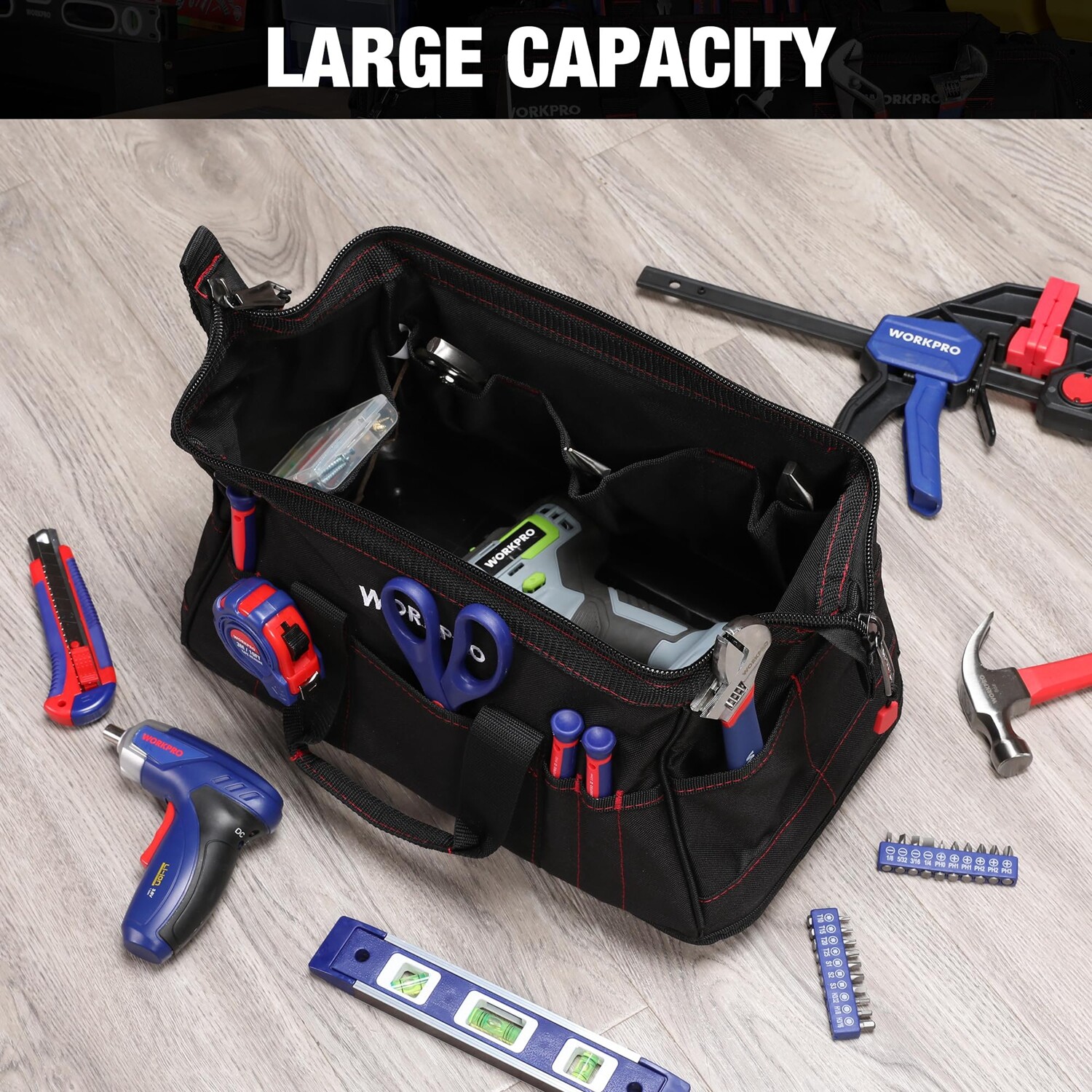 WORKPRO 16-inch Close Top Wide Mouth Tool Storage Bag Water Proof Rubber Base