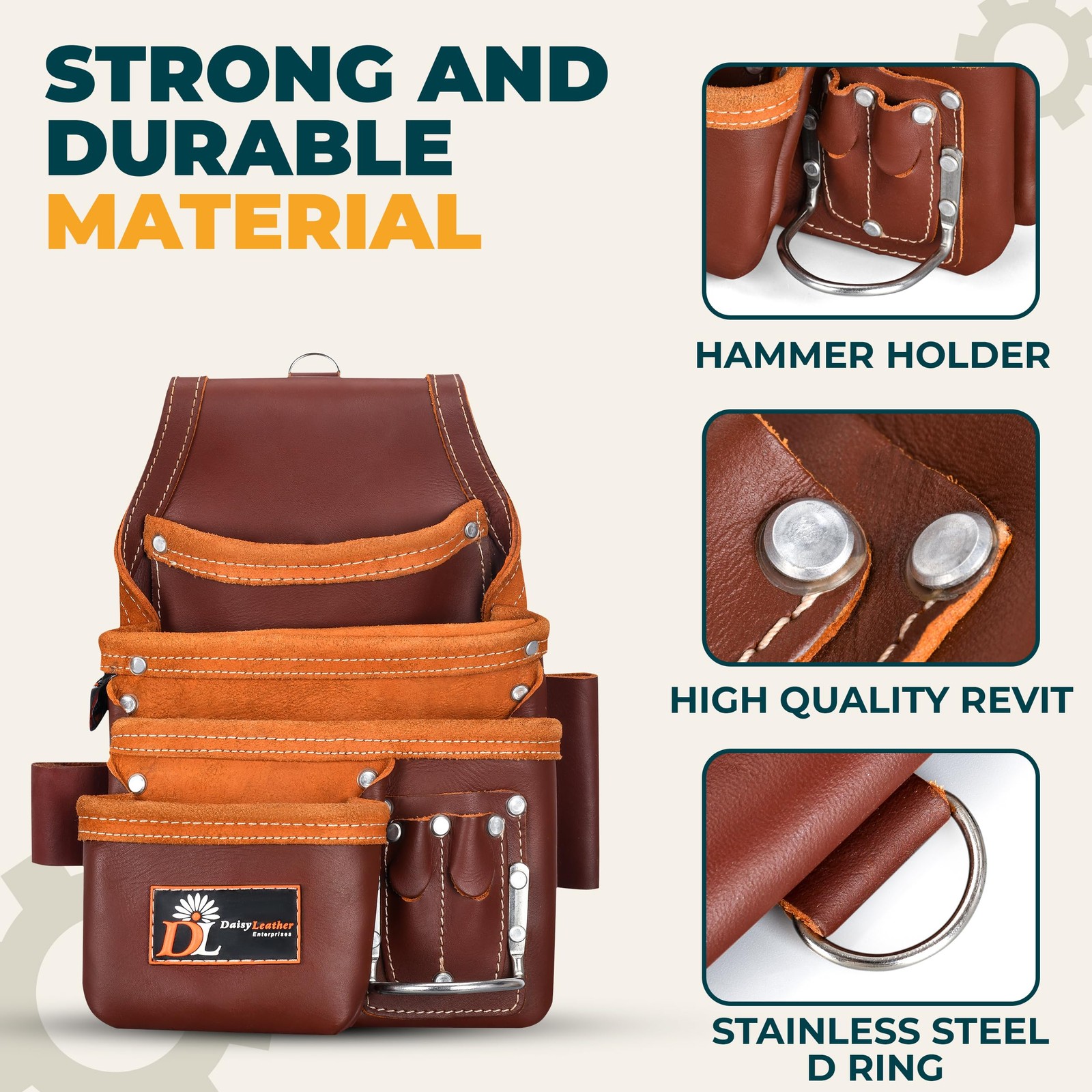Daisy Leather Tool Bag – 505 Premium Oil Tanned 13 Pockets with Speed Square …