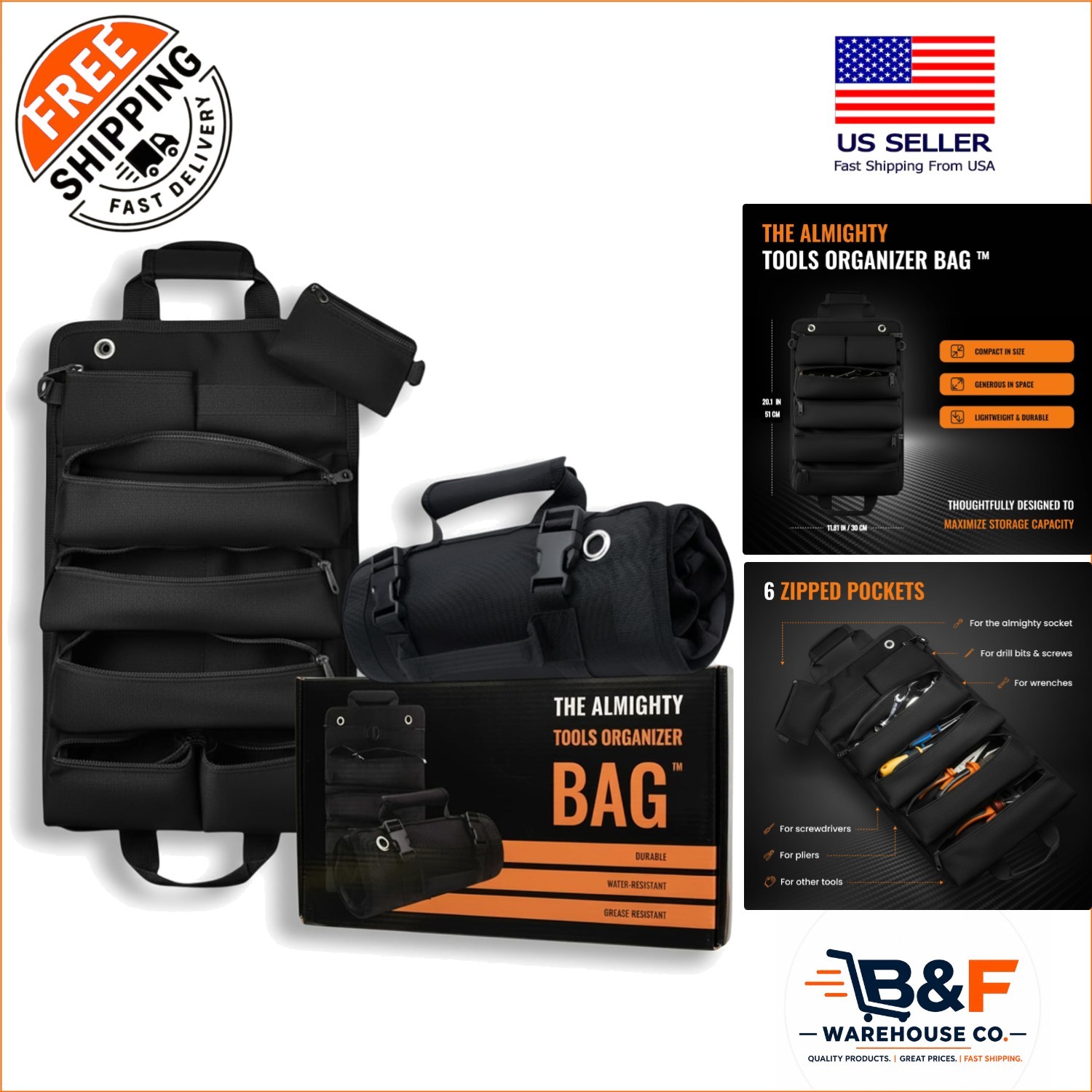 Heavy-Duty Roll-Up Tool Organizer Bag with Detachable Pouches – 19.49″x12.6″