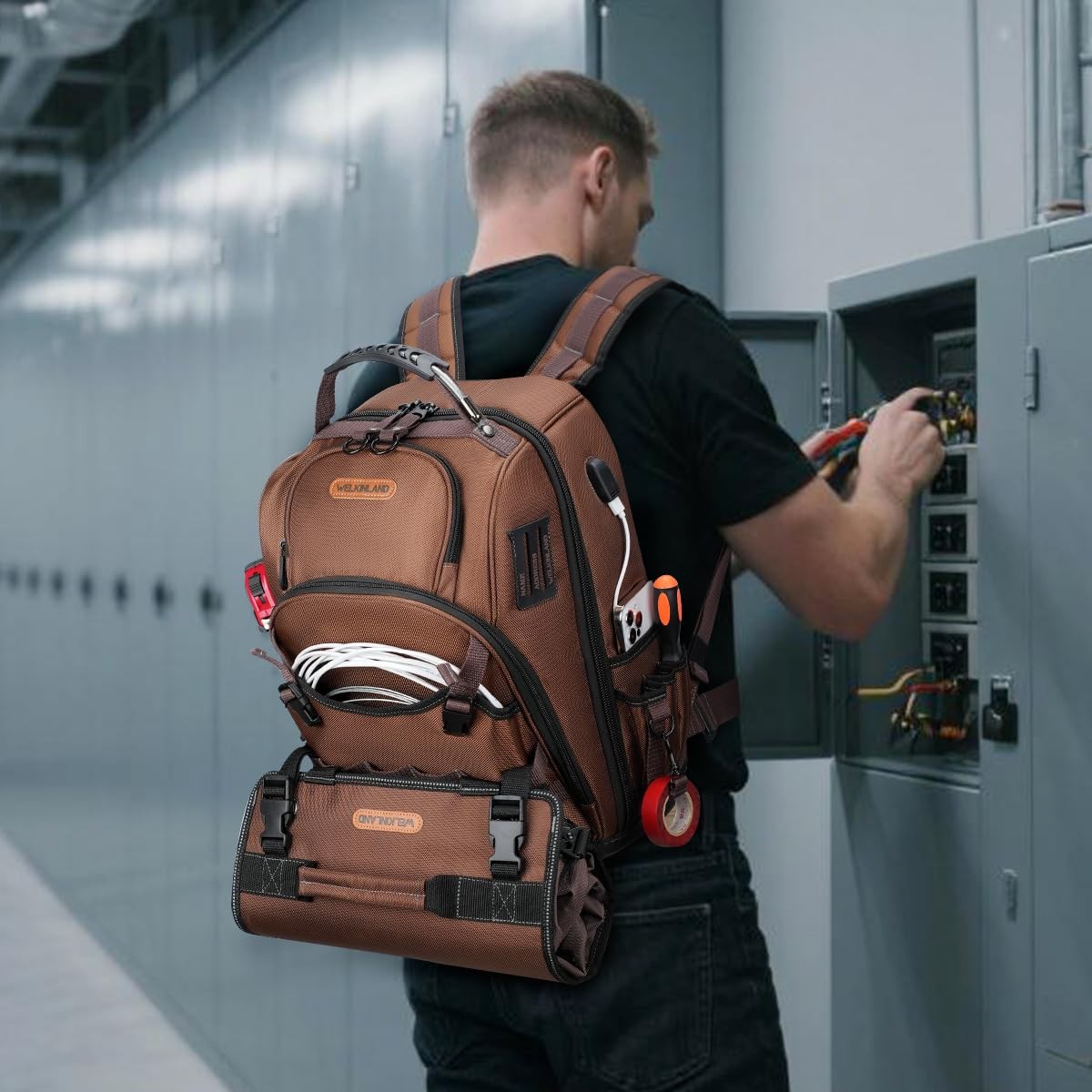 WELKINLAND 70Pockets HVAC Tool Backpack With Roll, 4-Piece Brown & Black