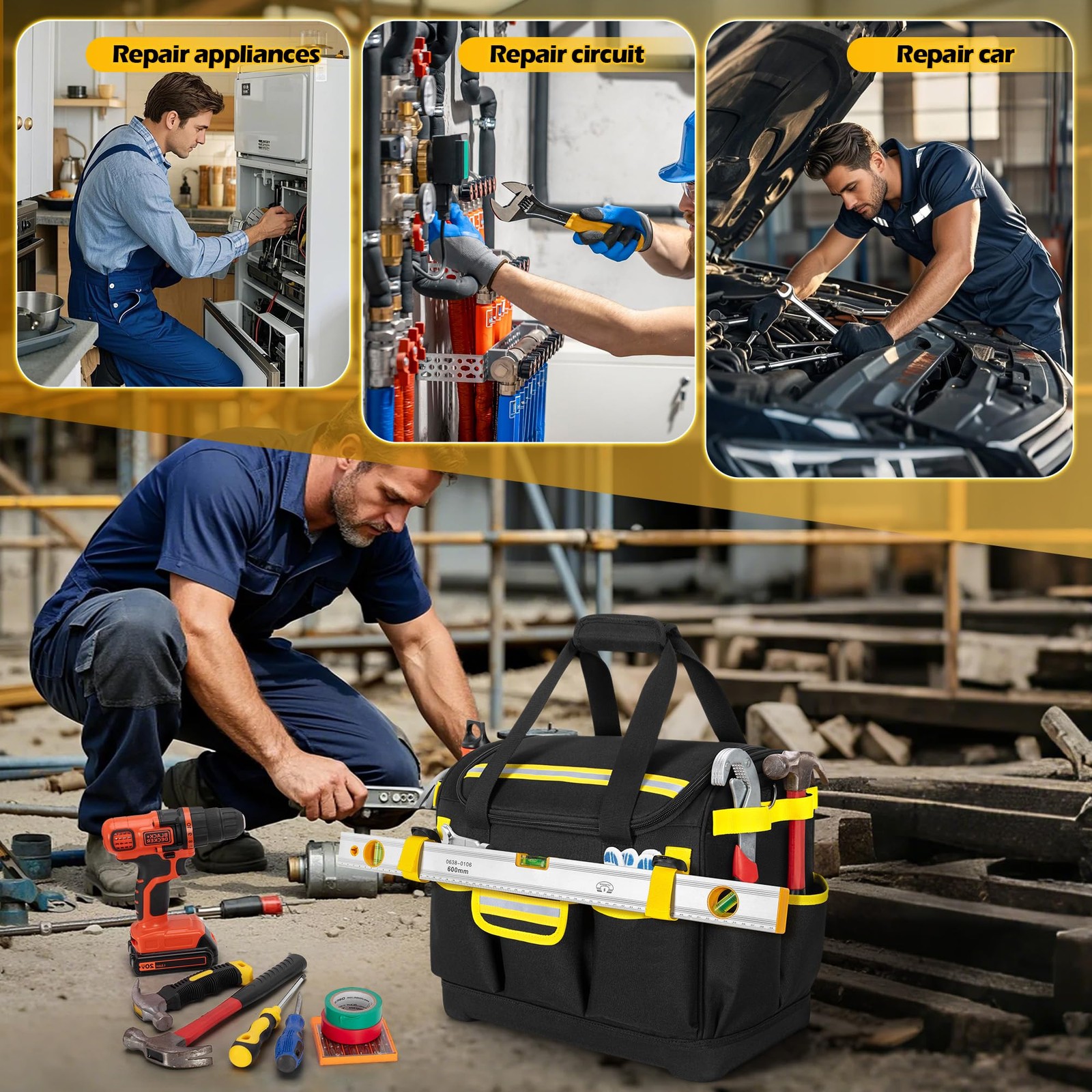 15-Inch Tool Organizer Bag with Hard 15.3″x9″x12.6 inches, Black