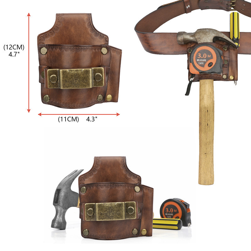Leather 3-in-1 Tools Belt Carry Pouch Hammer Hanger Tape Measure Holder-TOURBON