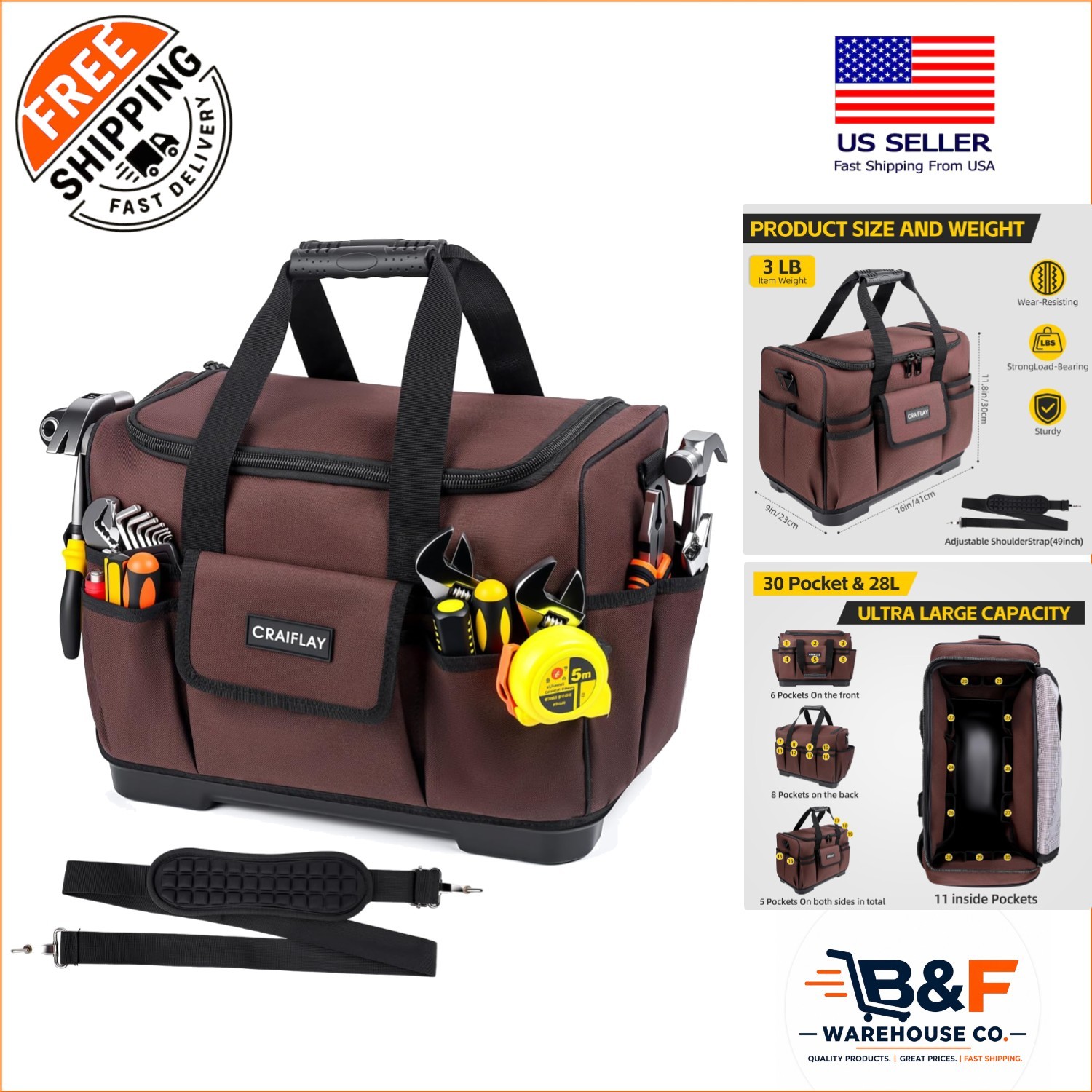 Heavy Duty 16-Inch 29 Pocket Waterproof Tool Bag for Electricians & Contractors