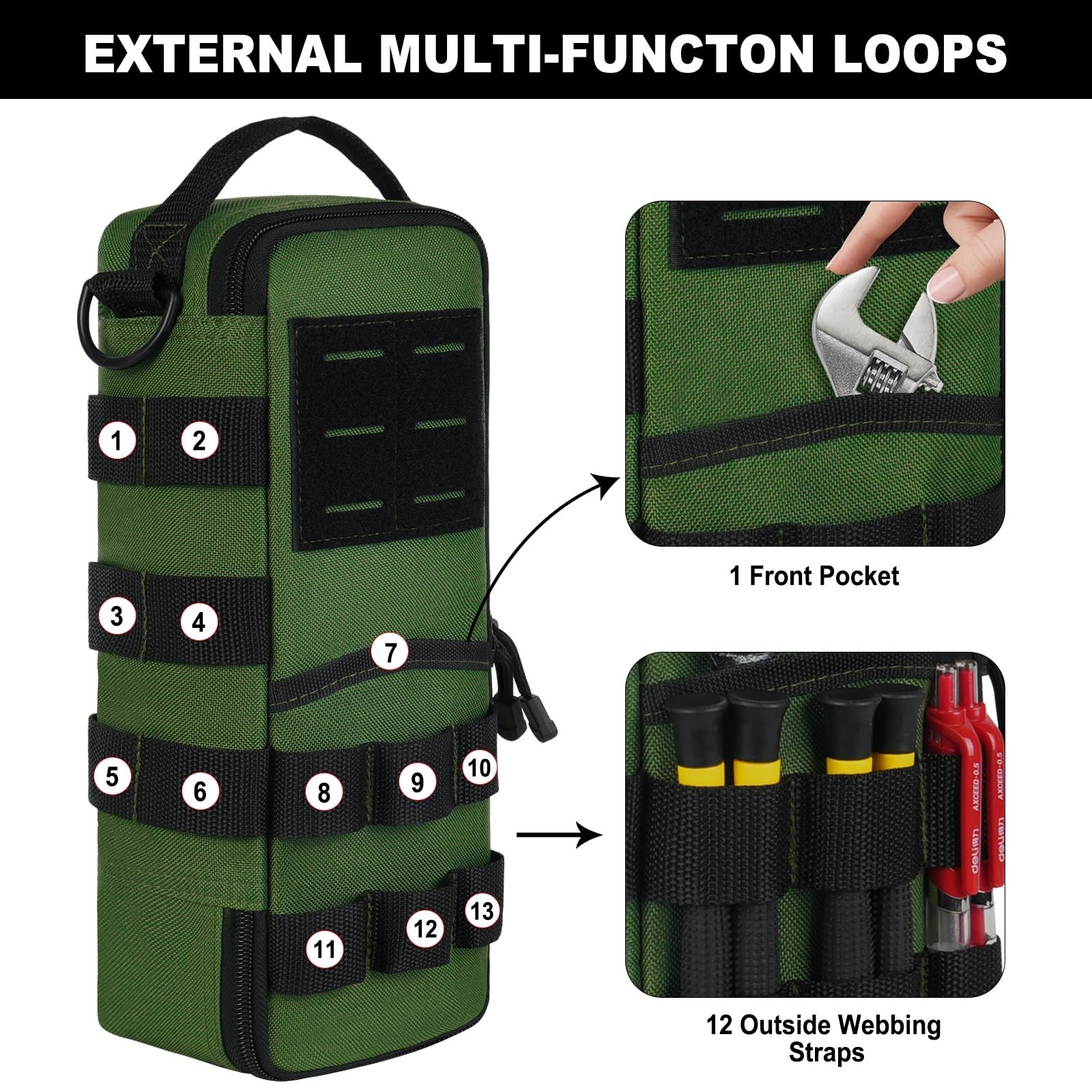 Heavy Duty Small Tool Bag with Carabiner, Tactical Utility Pouch, Portable Organ