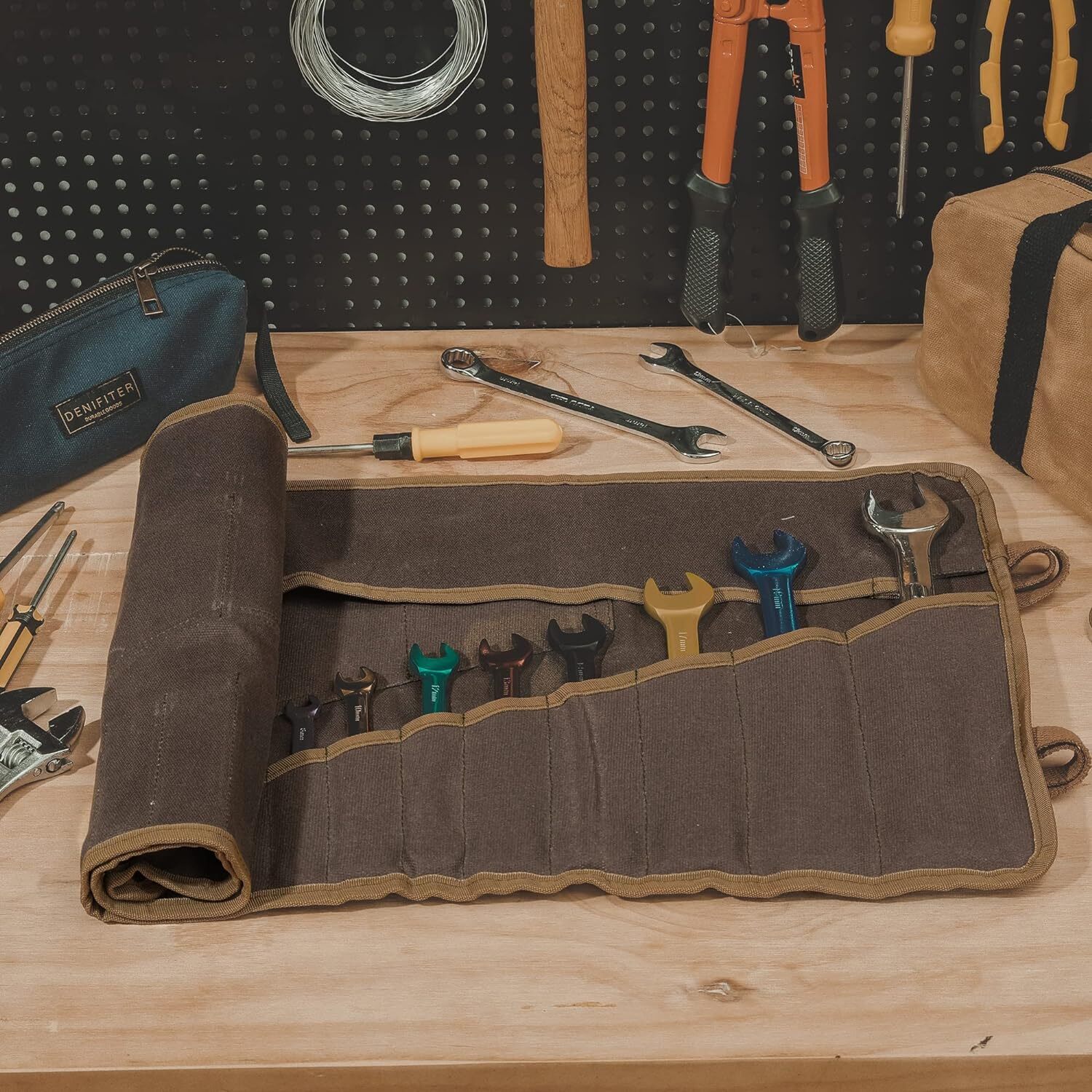 Wrench Roll Up Pouch, Heavy Duty Waxed Canvas Tool Bag Tool Organizer Bag With 2
