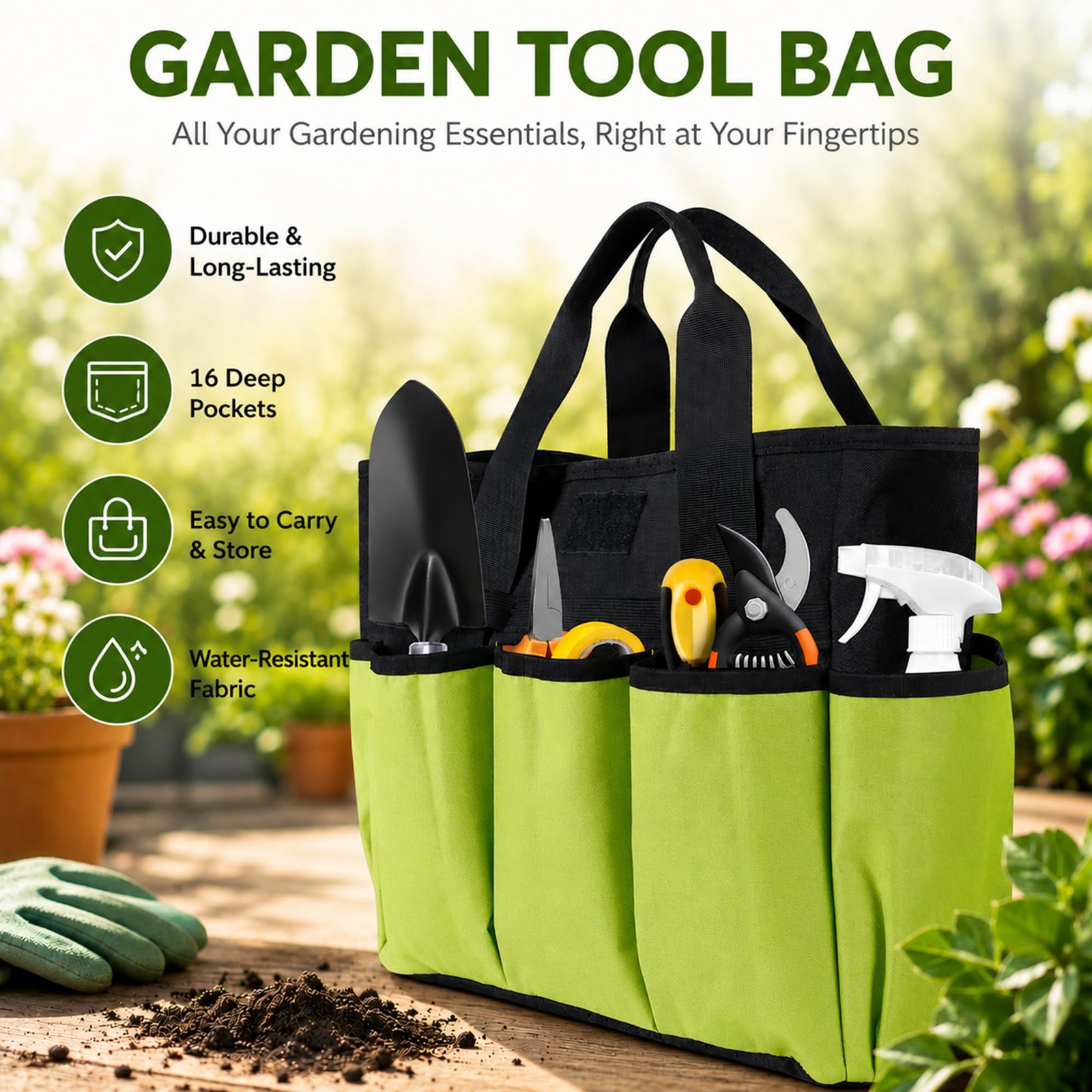 Portable Garden Tool Bag with 16 Pockets & Handle, Durable Waterproof Garden …