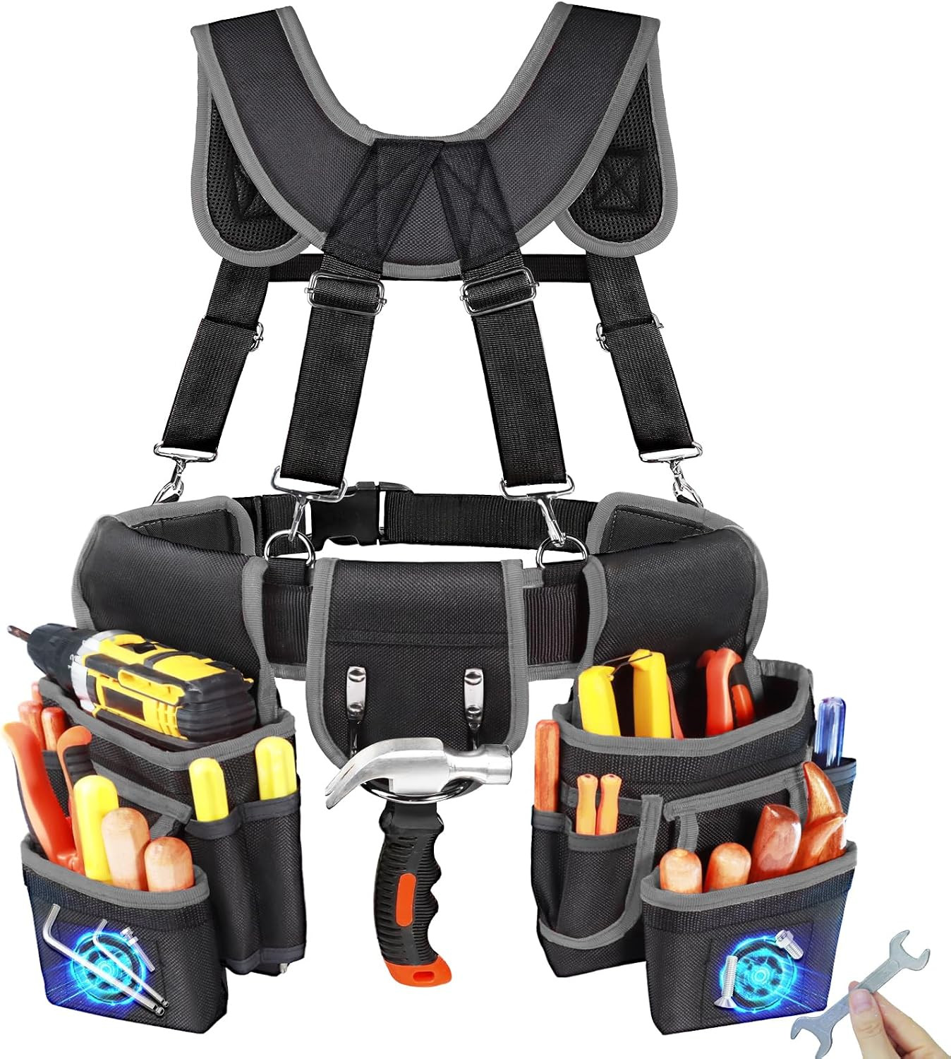 Tool Belt with Suspenders – Magnetic Heavy Duty Tool Belts with 18 Pockets, Tool
