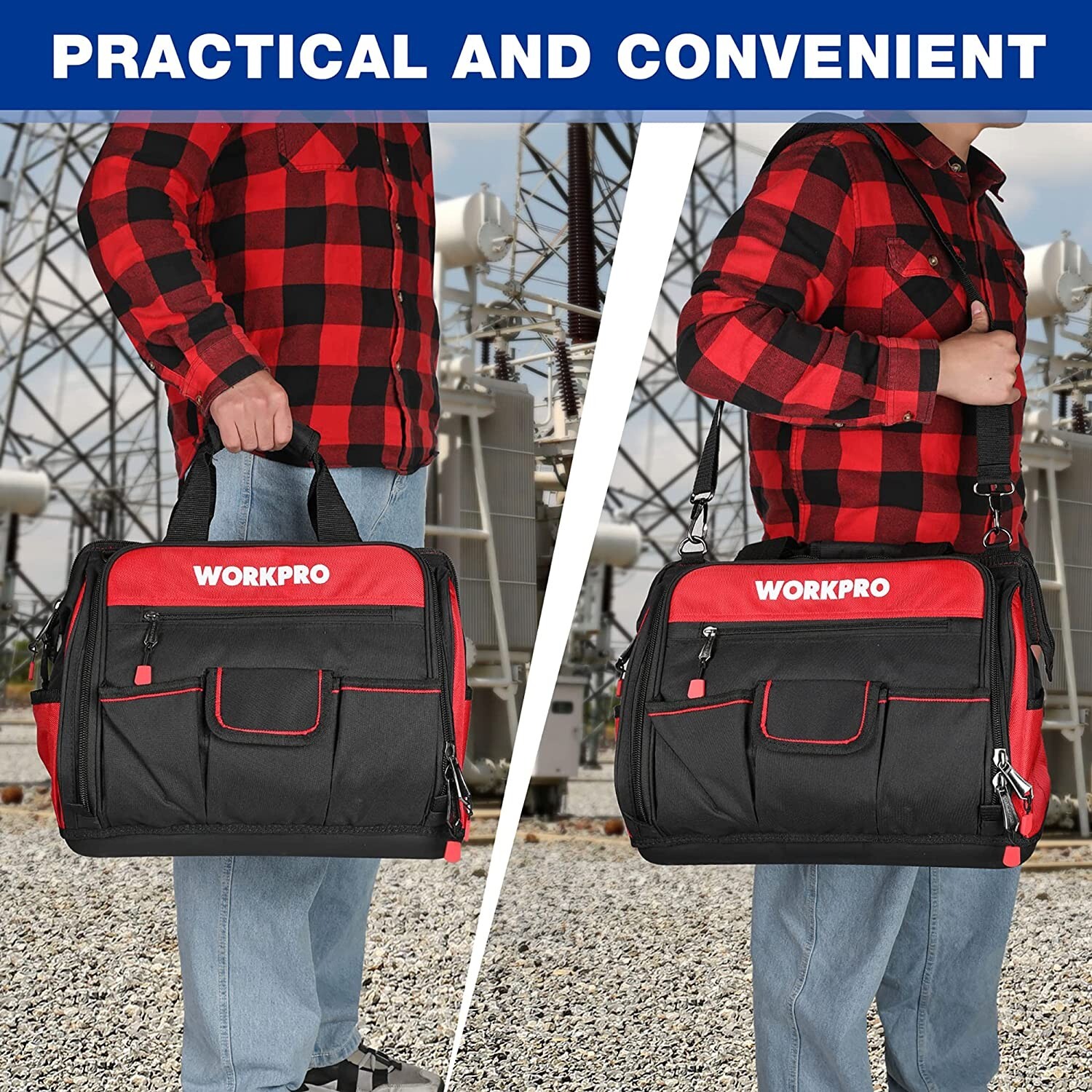 WORKPRO 16″ Tool Bag Top Wide Mouth With 46 Pockets For Tool Organizer & Storage