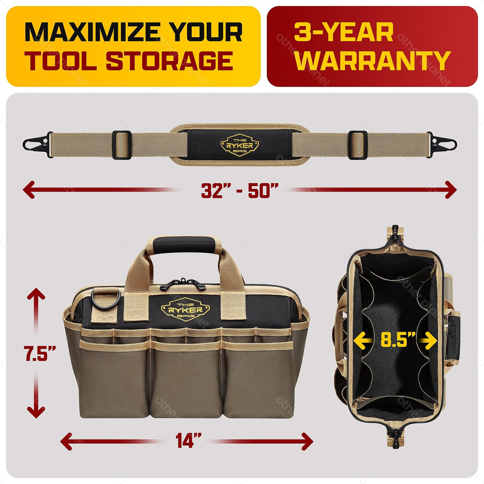 Ryker 14’’ Heavy Duty Tool Bag. Tool Box Organizer for Electrician & Plumber