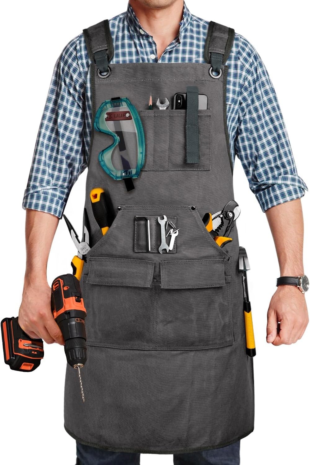 9-Pocket 20oz Canvas Woodworking Apron Adjustable S-3XL Grey