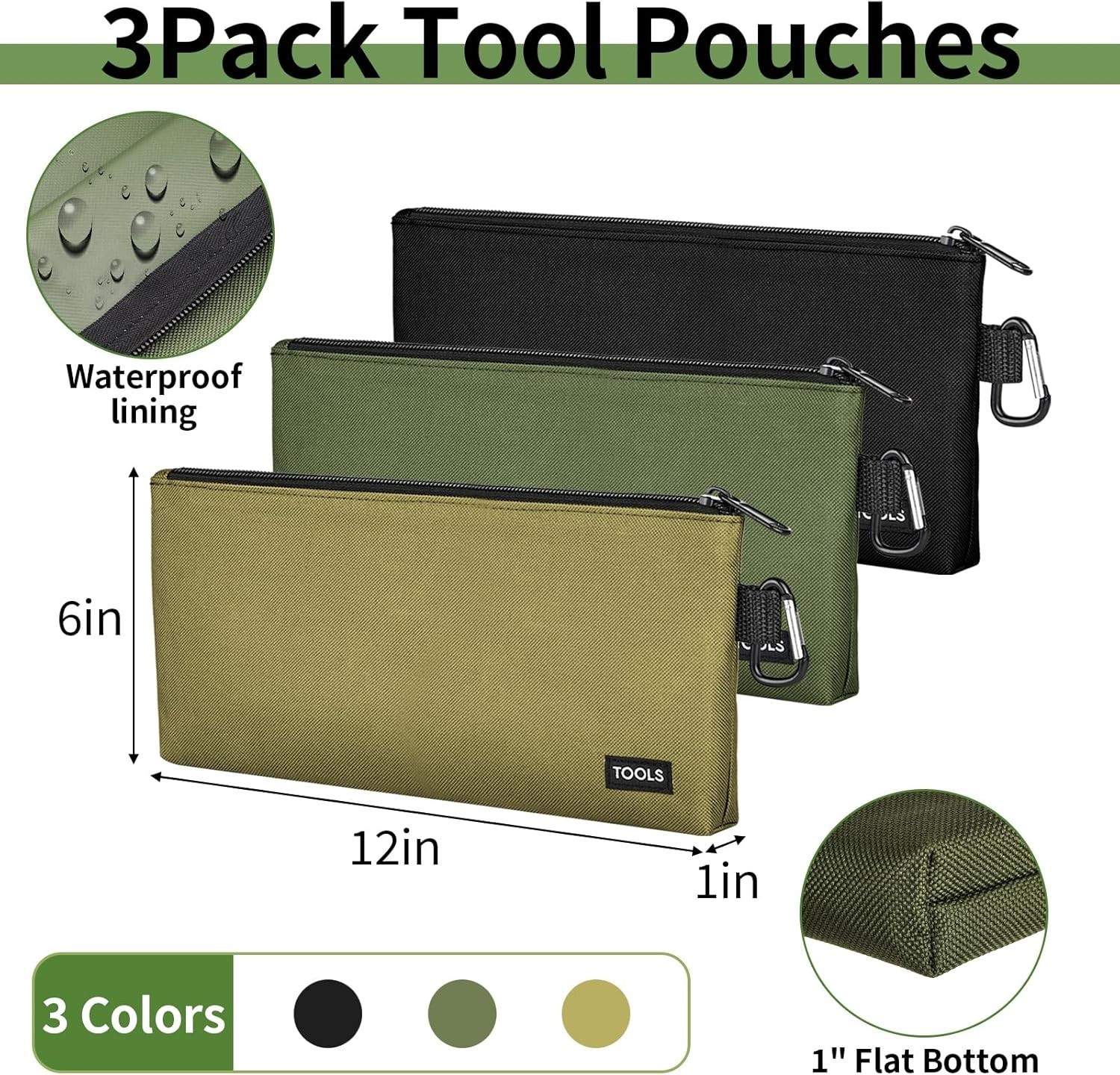 3 Pack Durable Tool Pouches with Zipper & Carabiner – Waterproof Storage Bags