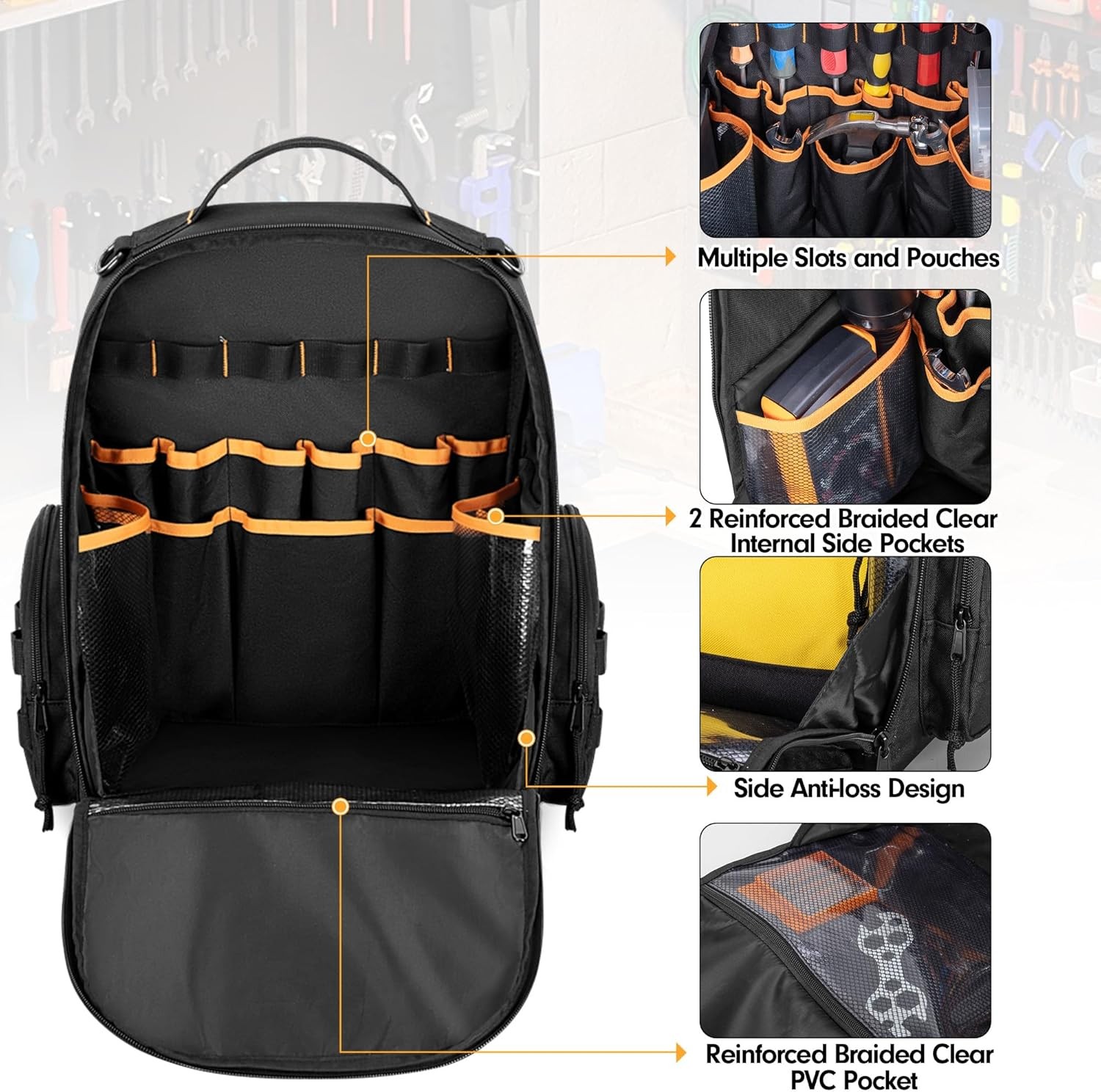 Tool Bag Backpack with 3 Tool Zipper Pouch, Tool Organizer Bag for Men with Padd