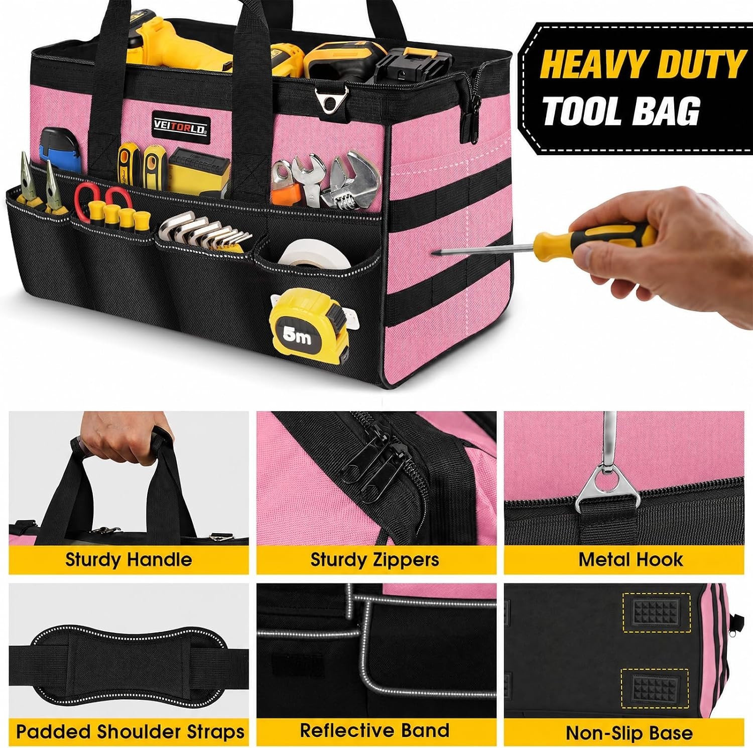 16-Inch Pink Tool Bag with 19 Pockets – Heavy-Duty Organizer for All Needs