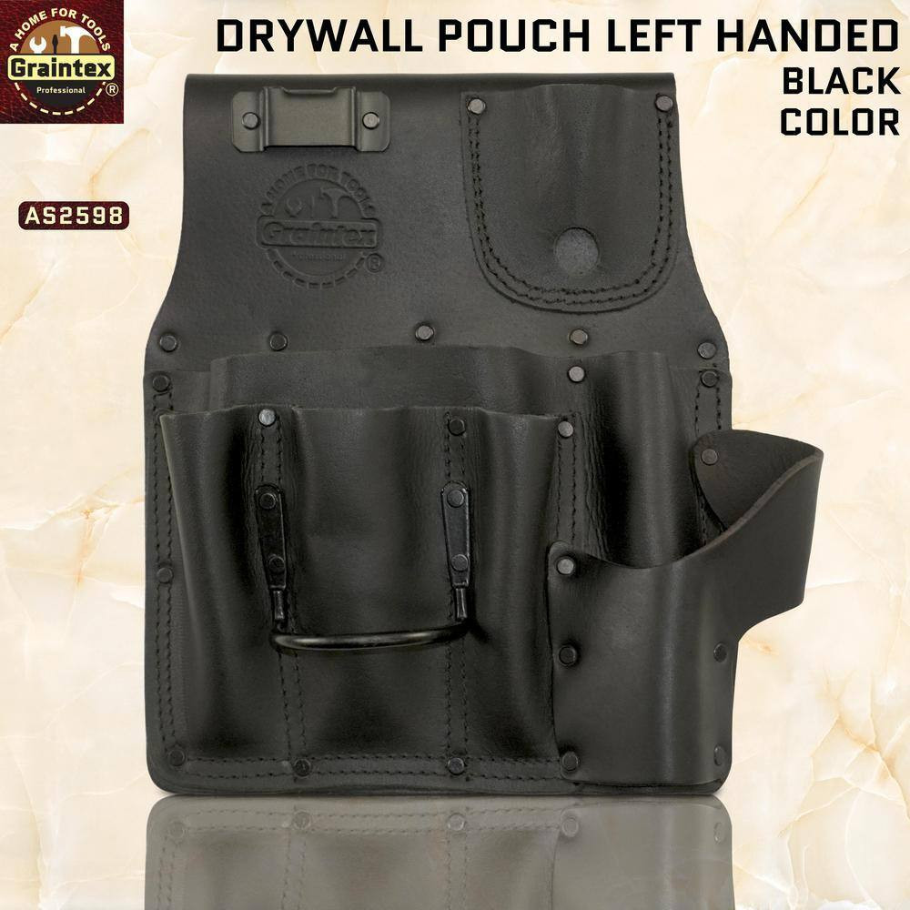 6-Pocket Black Top Grain Leather Left Handed Drywall Pouch with Ambassador Serie