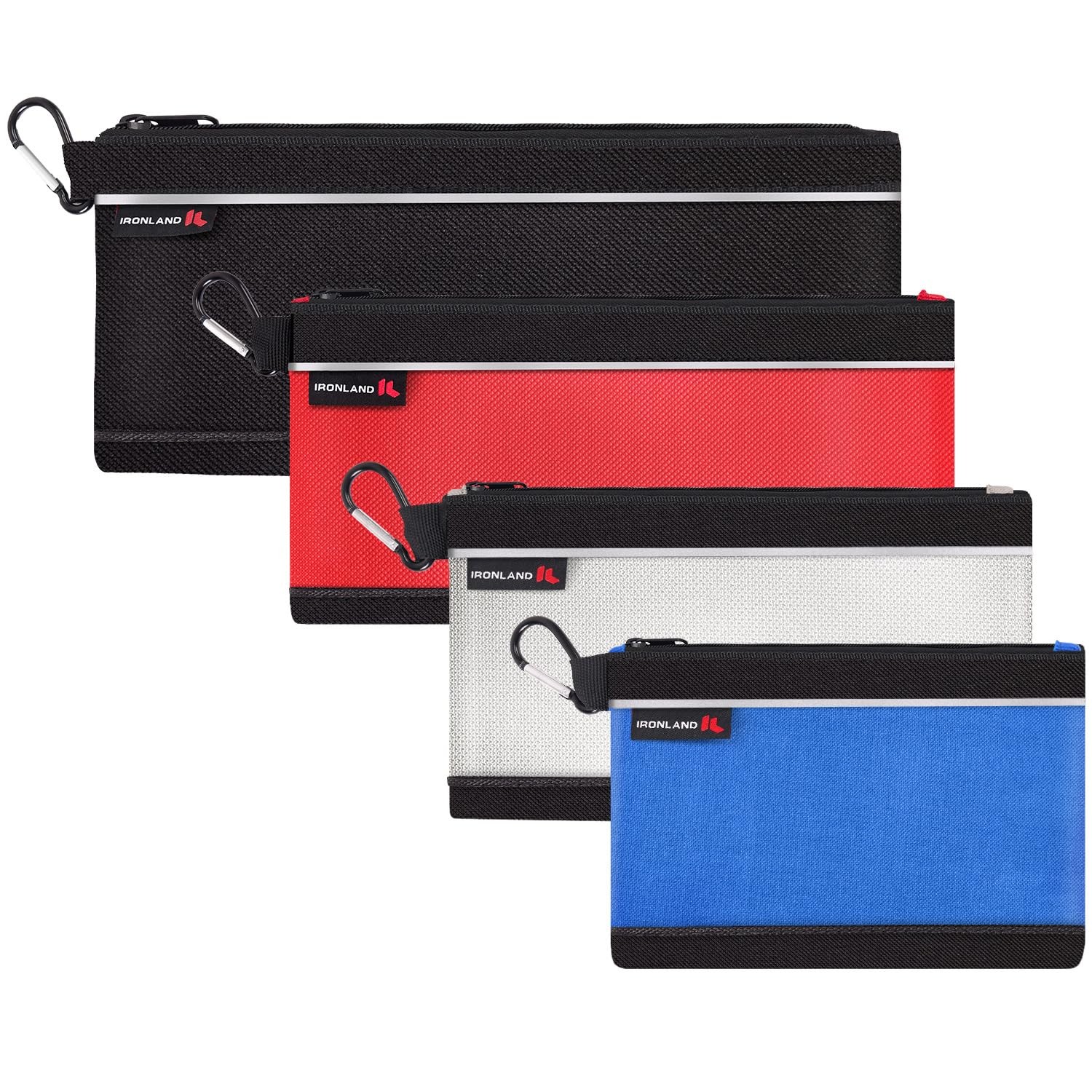 IRONLAND Small Tool Pouches with Zipper 4 Pack Combo, Black,Red,Grey,Blue