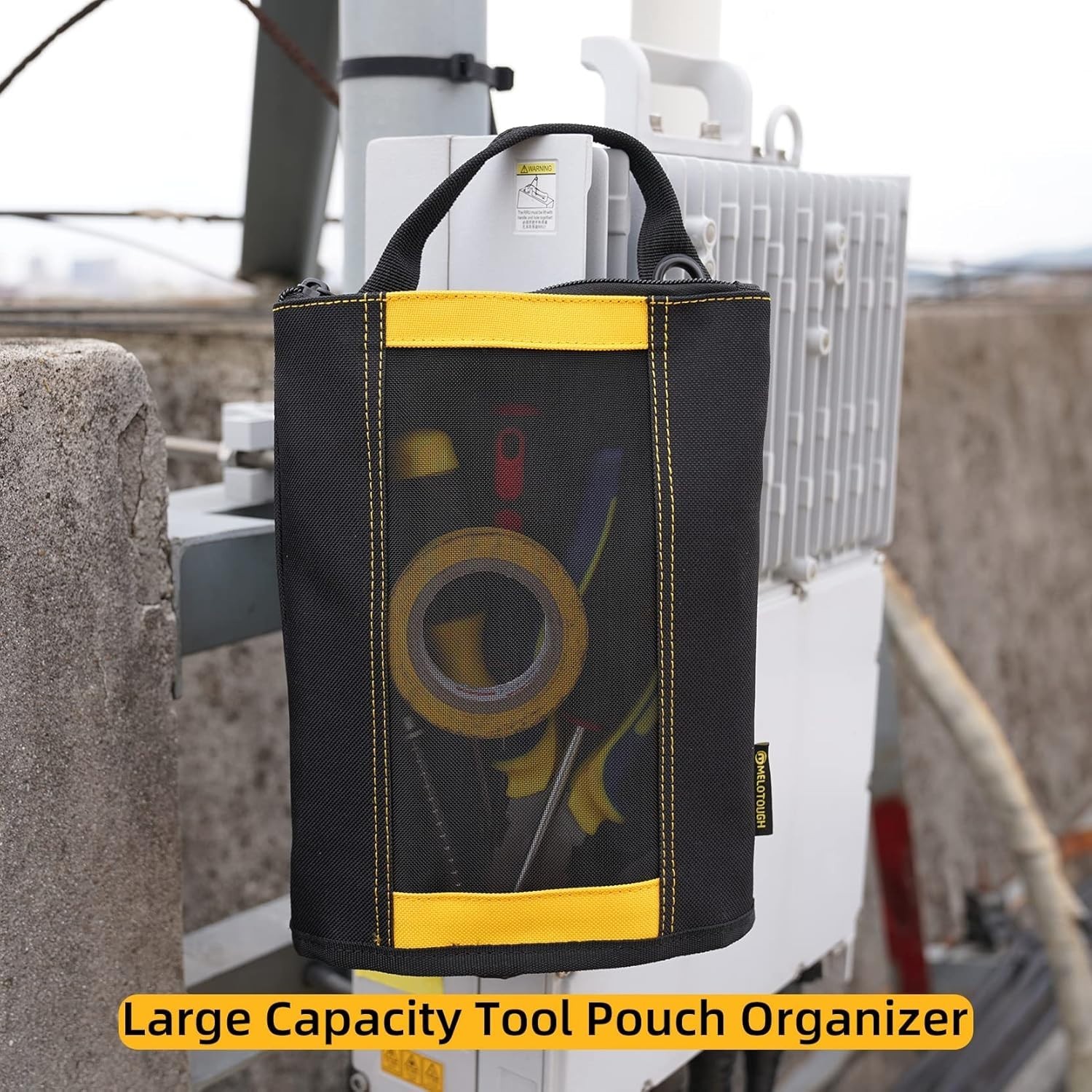 Durable Zipper Tool Pouch Yellow Mesh Pocket Hardware Organizer Stand-Up Design