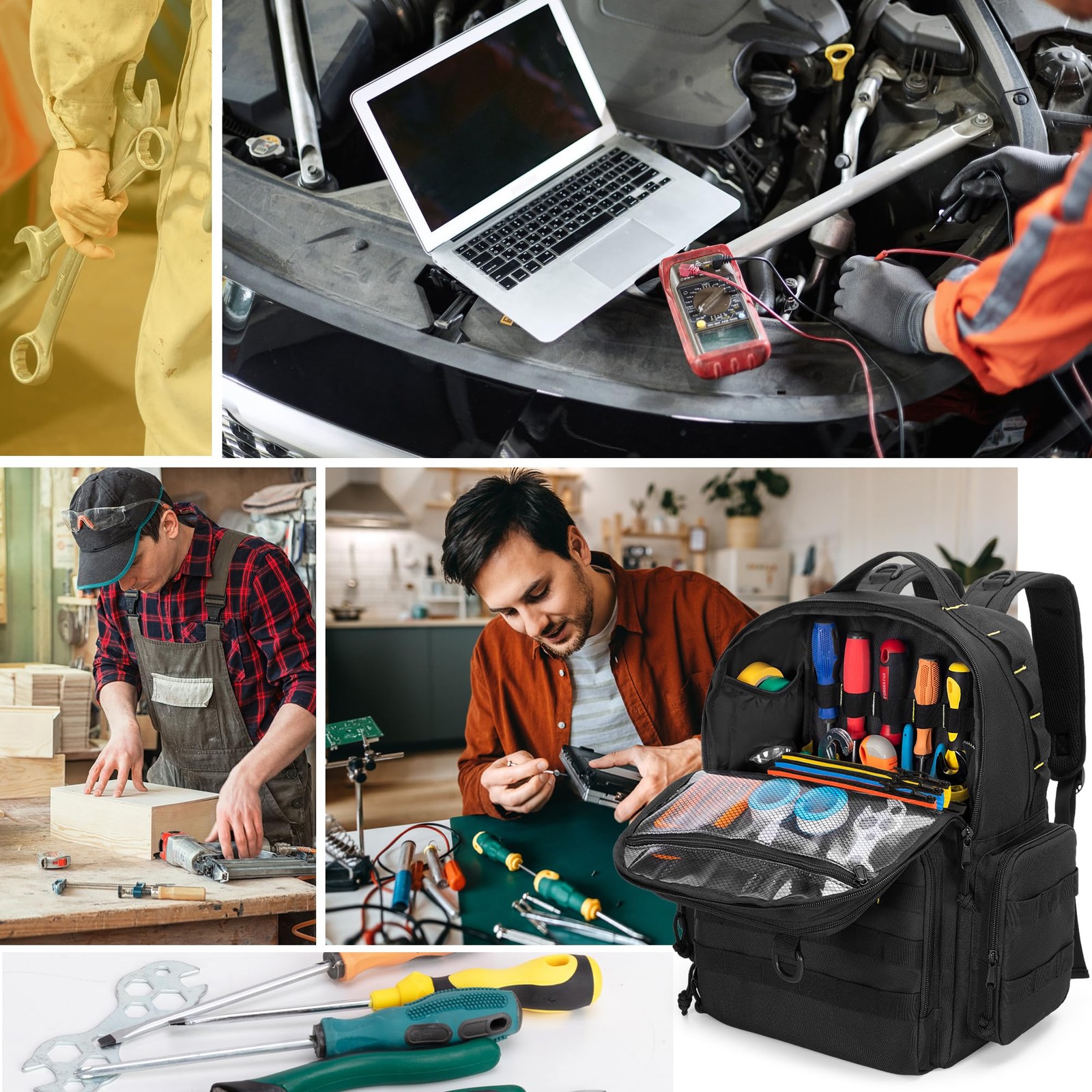 Rexmica Tool Bag Backpack for Men with 3 12.3 x 6.3 x 15.8 inches, Black