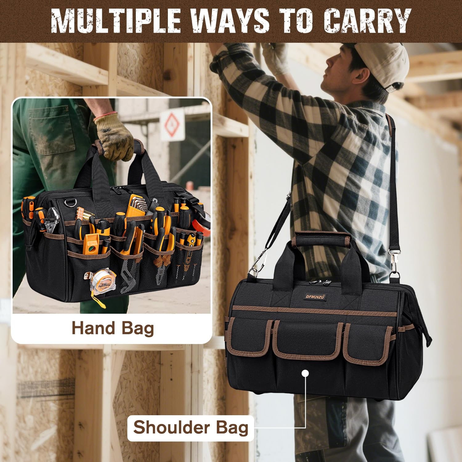 16.5-Inch Heavy Duty Tool Bags for Men, 34-Pockets Large Tool Bag with Adjust…