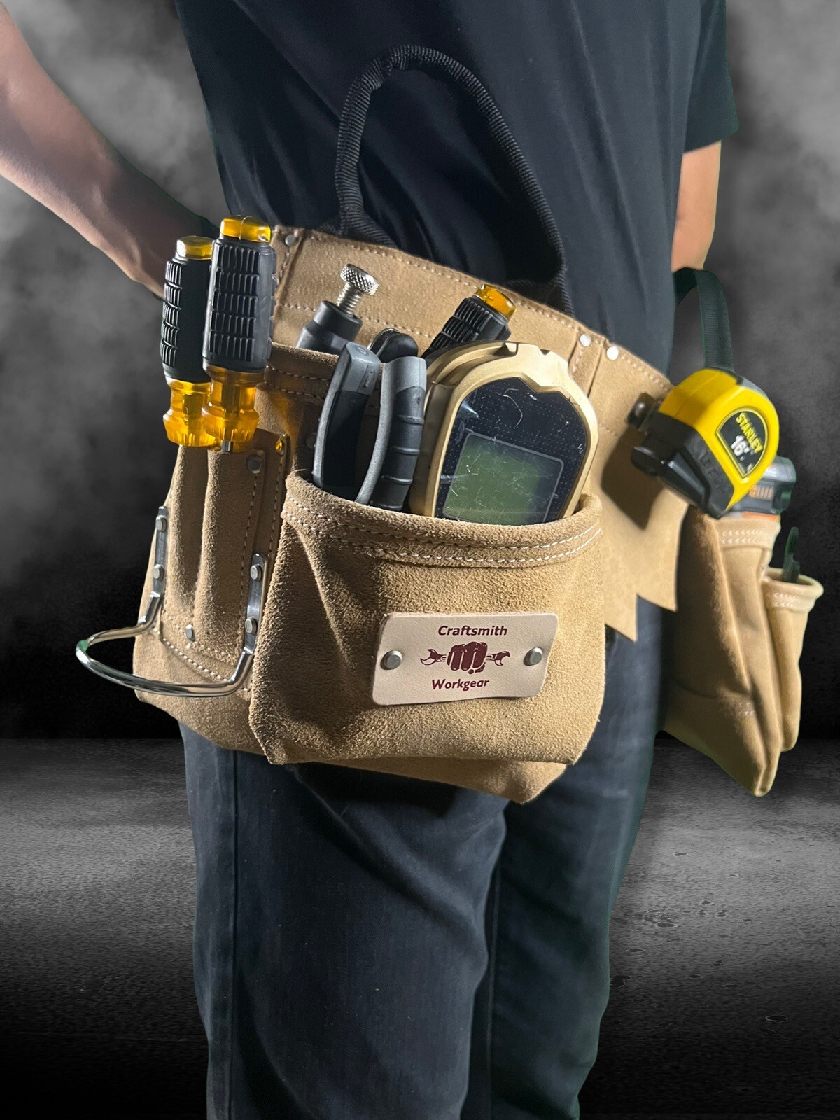 Heavy Duty Split Suede Leather Construction Tool Pouch Belt + Carry Handles