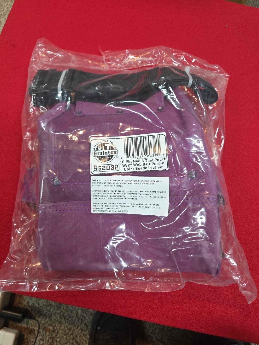 Graintex 10 Pocket Nail Tool Pouch Purple Suede Leather + 2″ Webbing Belt Hammer