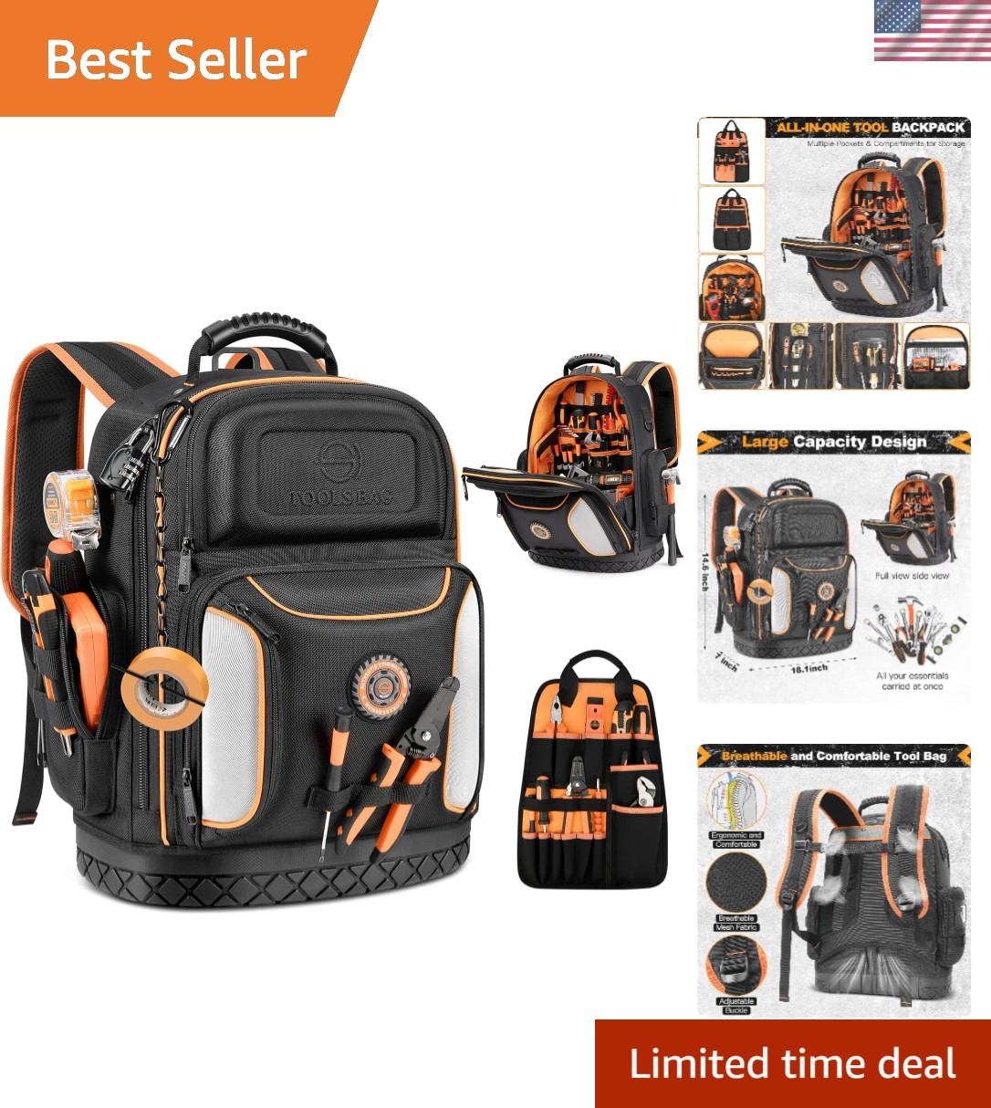 Heavy-Duty Tool Bag Backpack with 75 Pockets for Electricians – Black & Orange