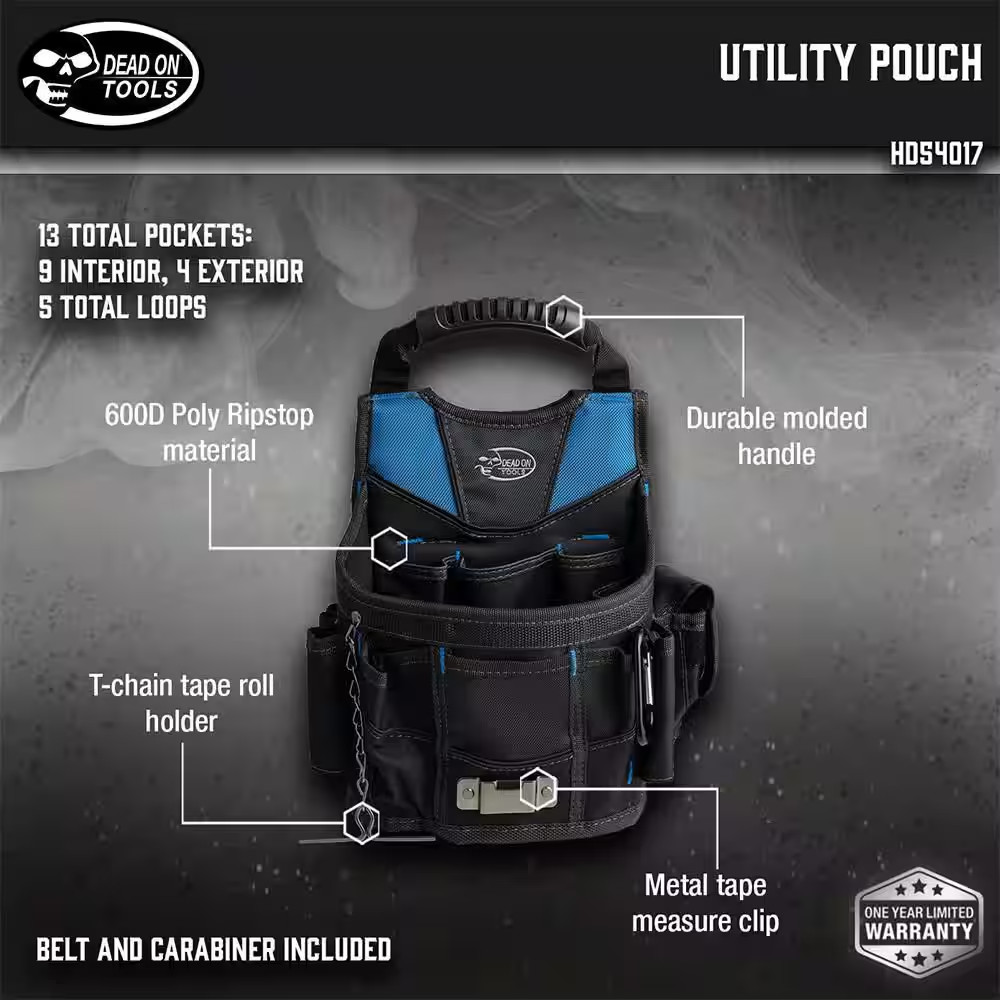 Dead On Tool Tote Utility Pouch 10 In Open Top Bag 13 Pocket Electrician