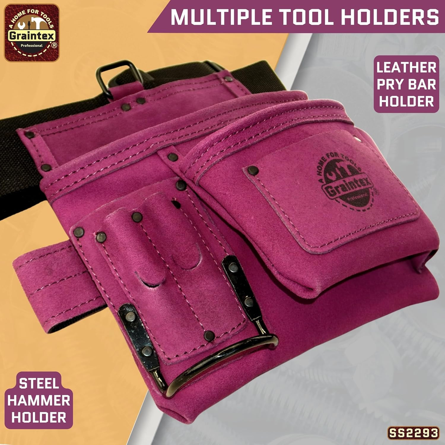 5 Pocket Suede Leather Tool Belt/Bag | Purple | Multipurpose Leather Tool Belt f
