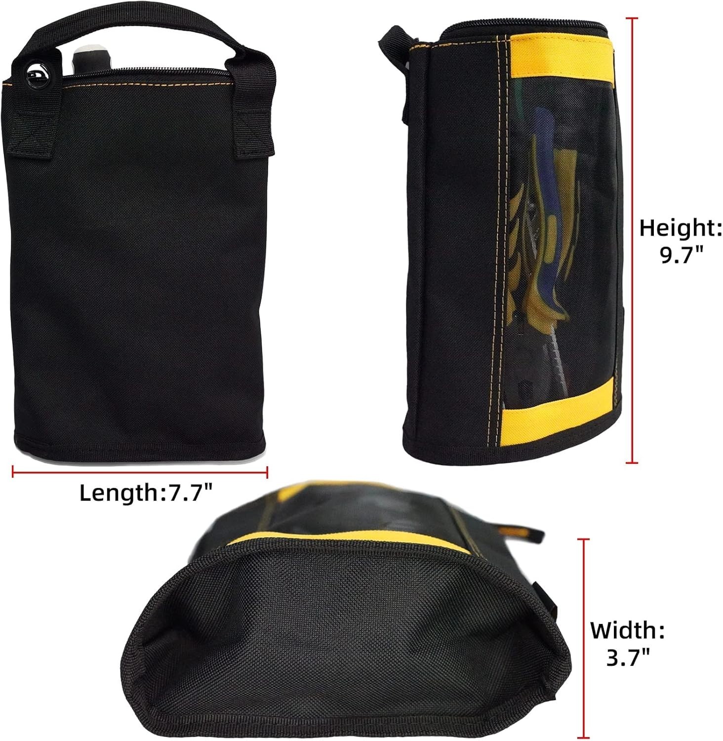 Durable Zipper Tool Pouch Yellow Mesh Pocket Hardware Organizer Stand-Up Design