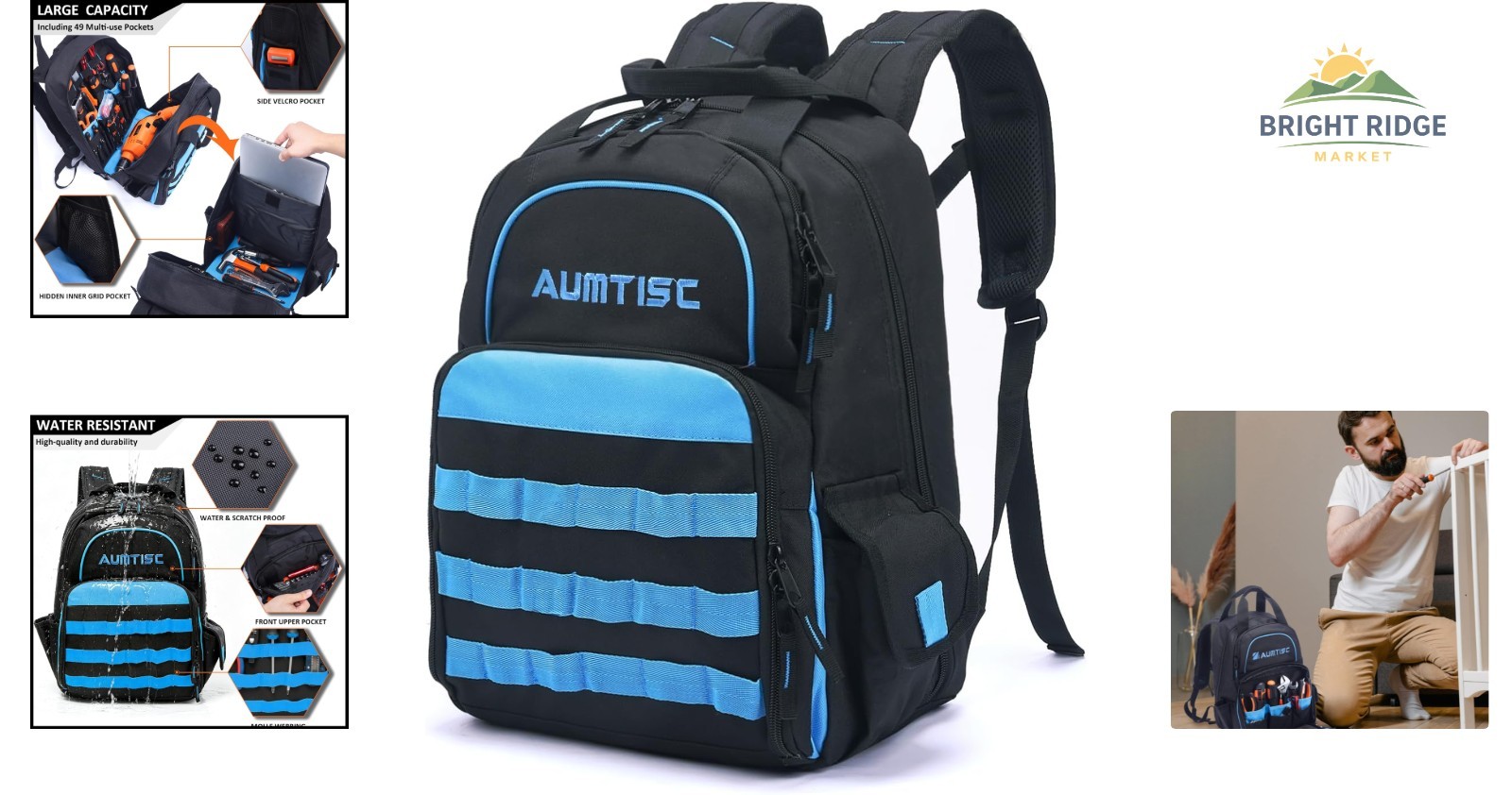 Heavy Duty Tool Bag Backpack with 49 Pockets for Electricians and Technicians