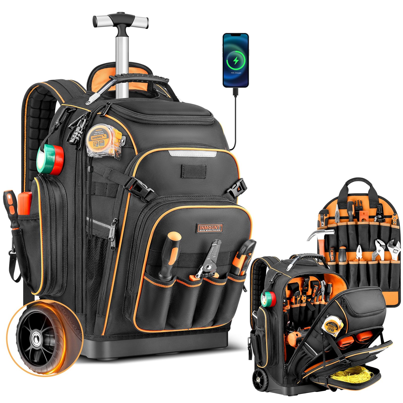 Rolling Tool Backpack Bag with Wheels, Heavy Duty Tool Bag on Wheels for Men, HV