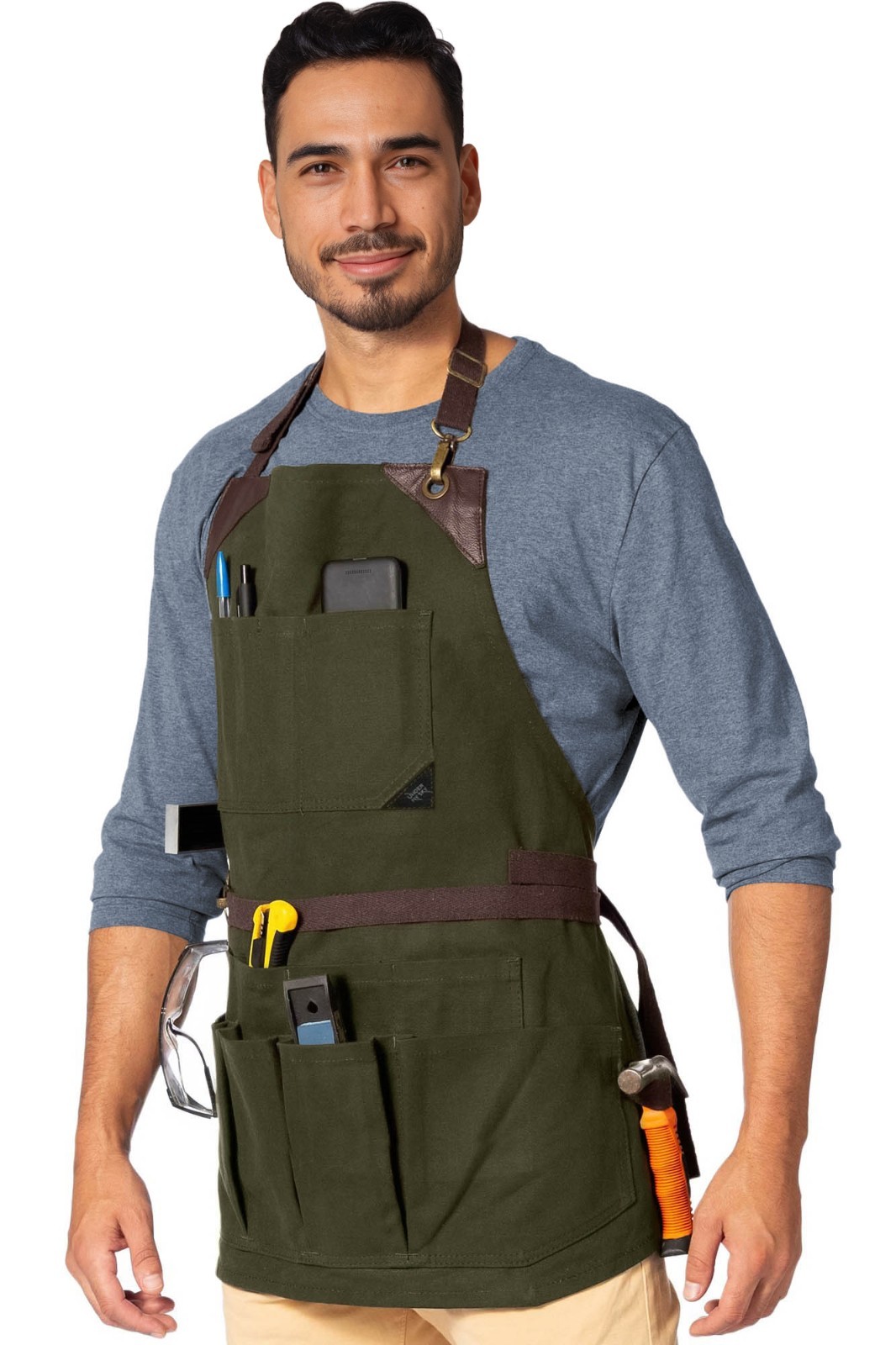Tool Apron – 12 Pockets, Heavy-Duty Waxed Canvas, Leather Trim, NoTie – Woodwork