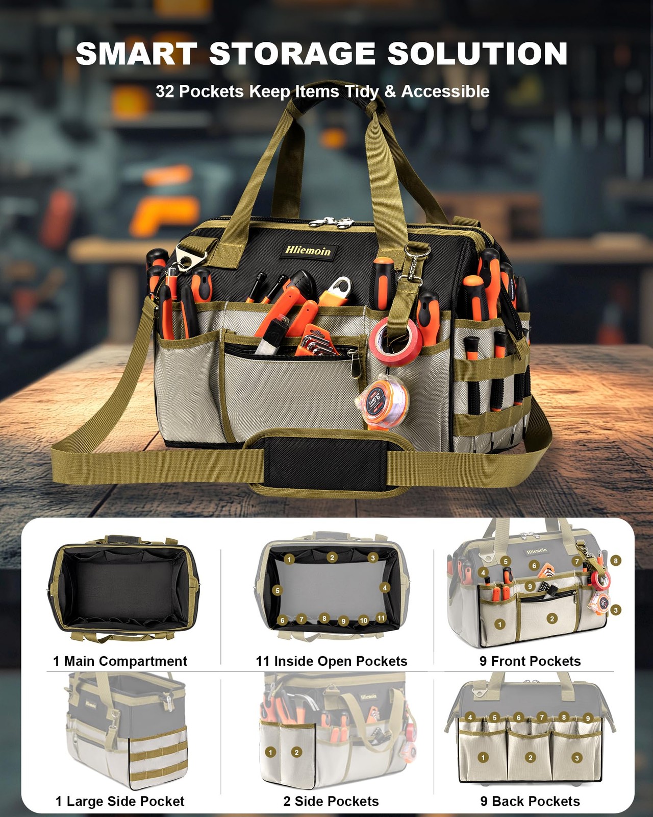 16.5-Inch Heavy Duty Tool Bags for Men, 32-Pocket Large Tool Organizer Storag…
