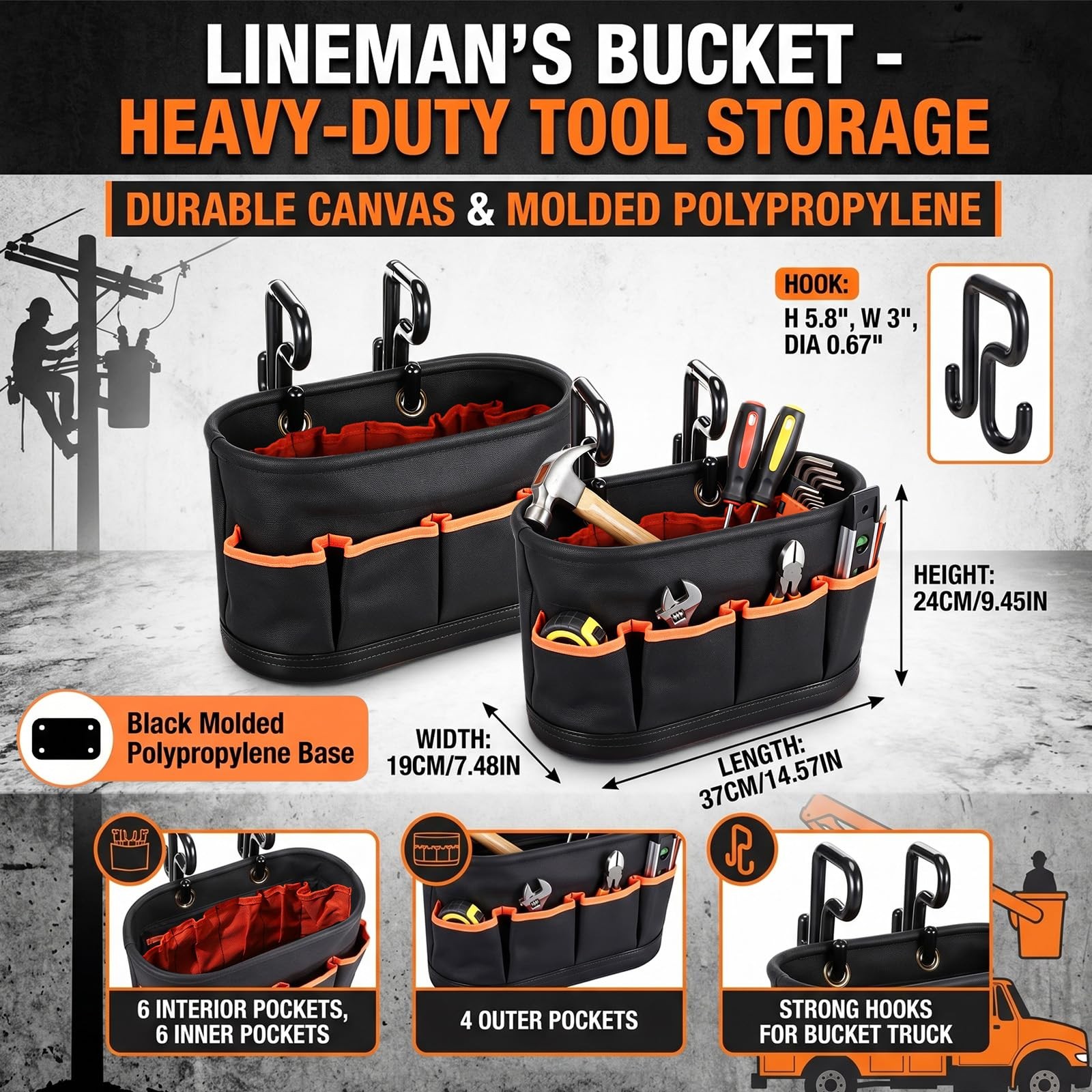 Hard Tool Bucket with 2 Hooks, Drain holes, 10 Pockets(1 Pcs)
