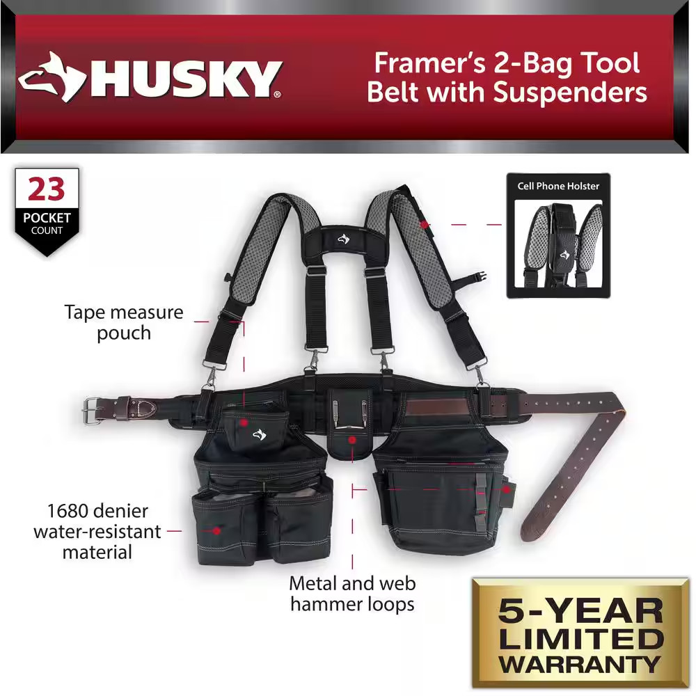 Husky Framers 2-Bag Work Tool Belt with Suspenders