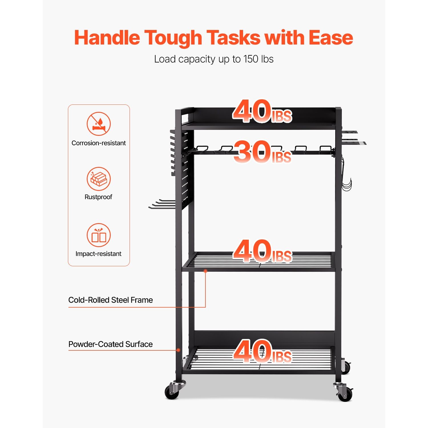 4 – Tier Rolling Tool Cart, 150 lbs Capacity, Heavy Duty Garage Storage Rack