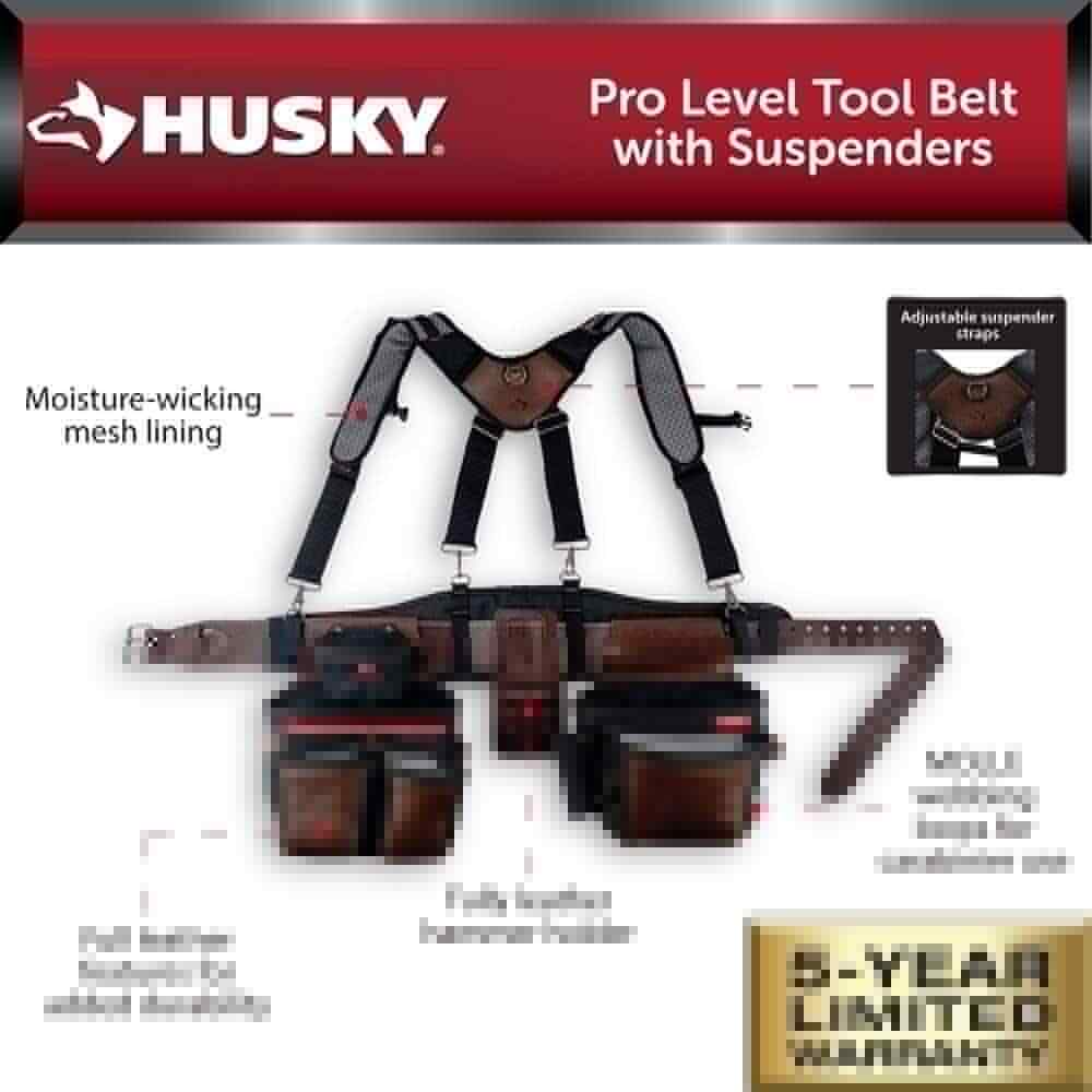 Husky Pro Level Work Tool Belt With Suspenders Fully Leather Hammer Holder New