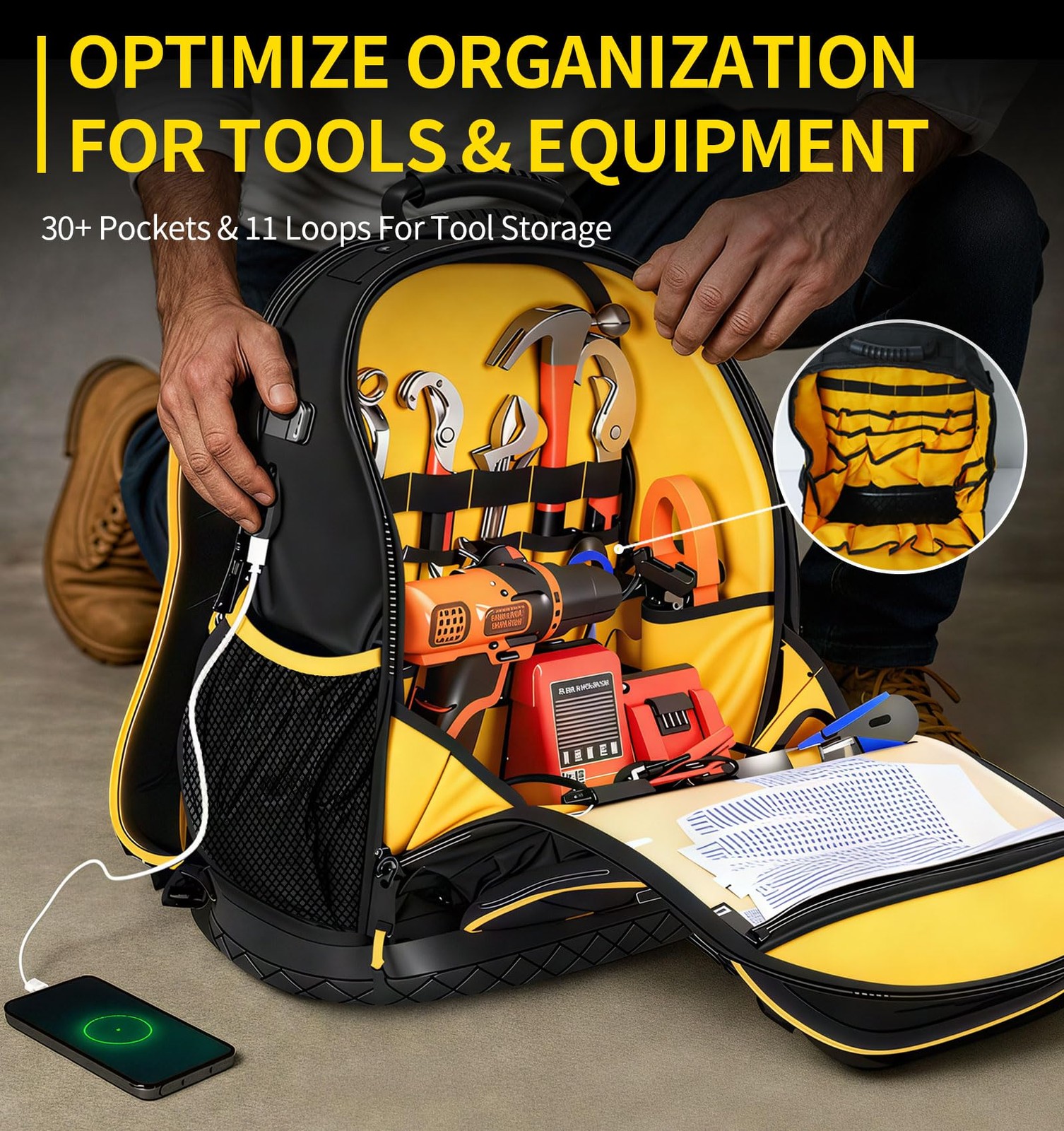 Tool Backpack, Heavy-Duty Organizer Bag for Men Dad Gift, Medium, Black