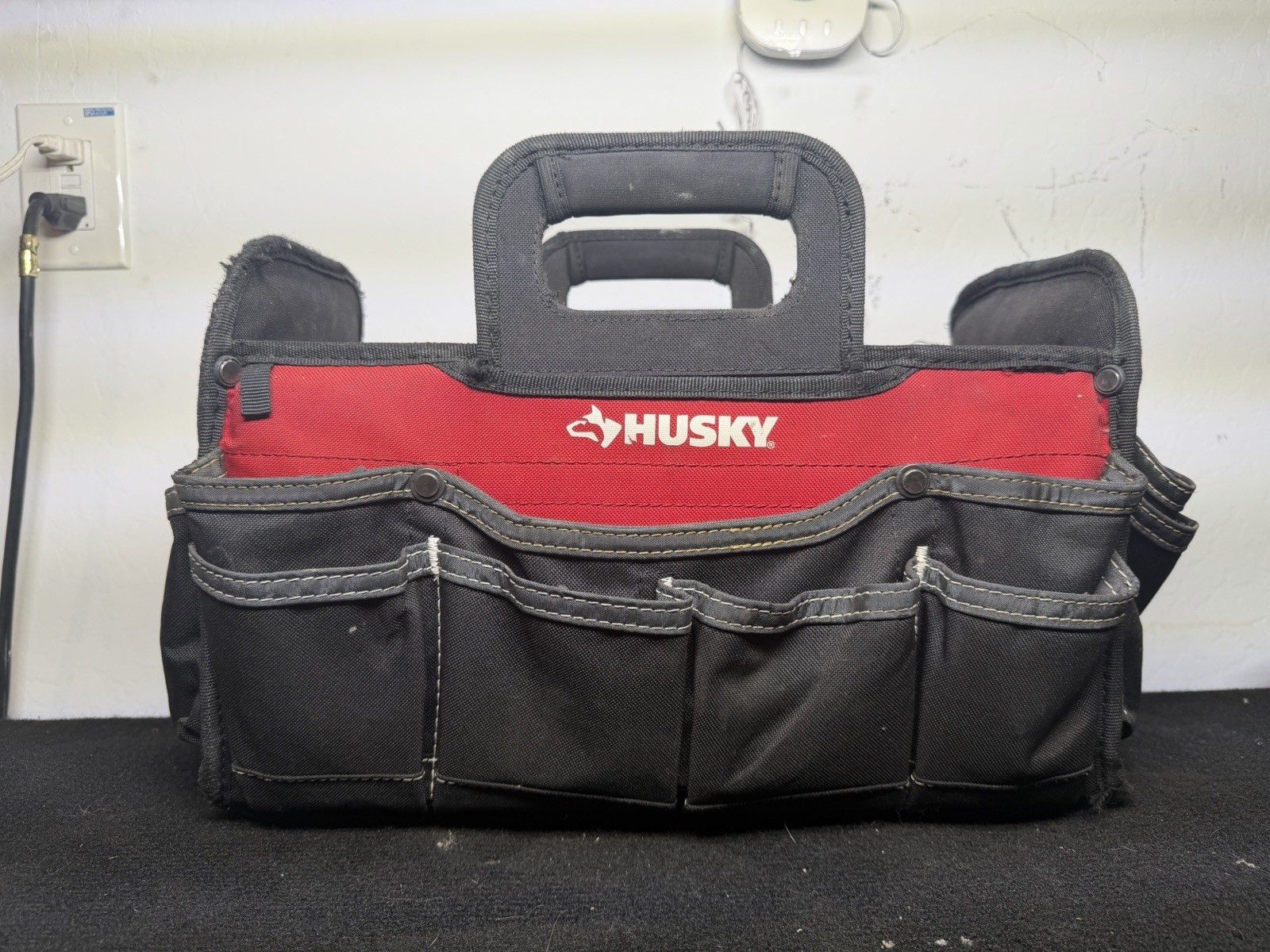 Husky Fabric Tool Tote Bag Black/Red/Gray w/ Handle & Front Pockets